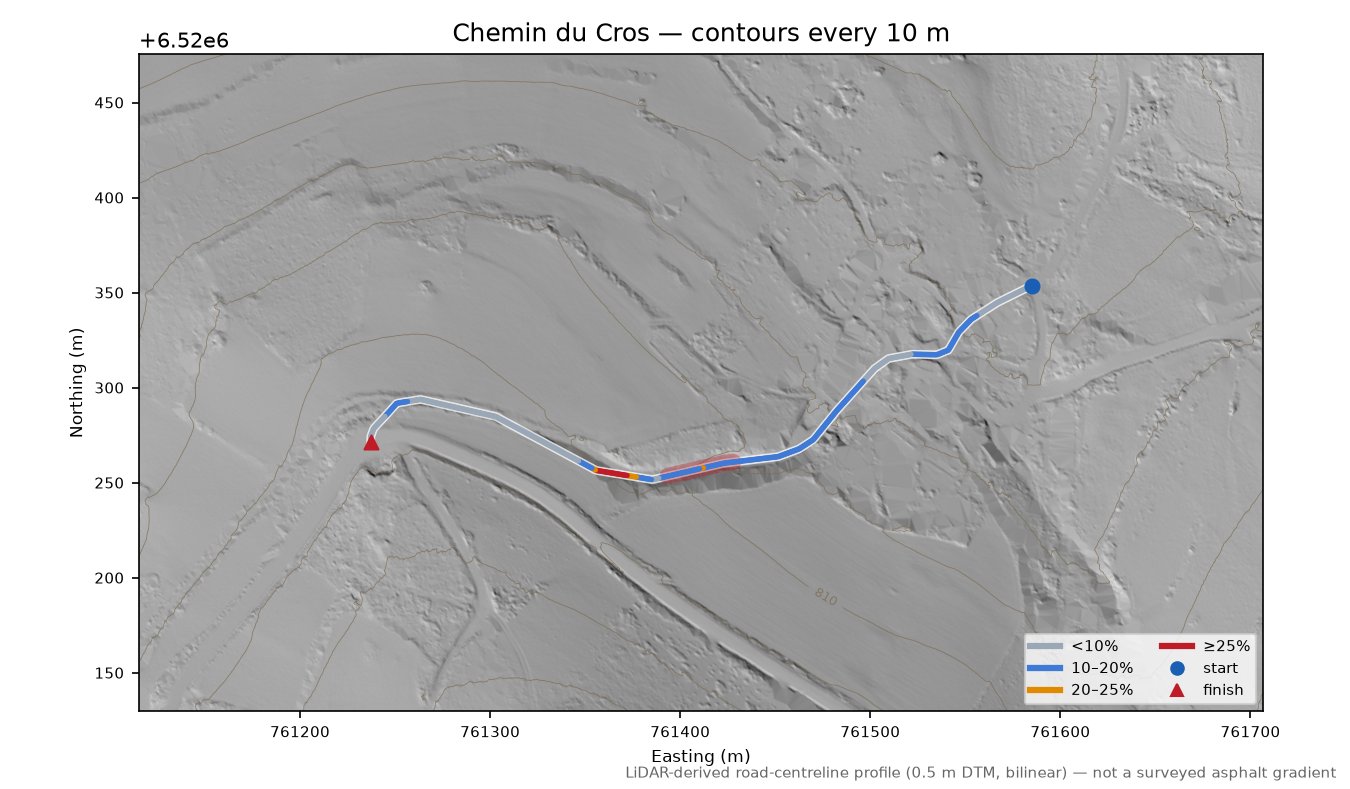 Chemin du Cros LiDAR hillshade map with contours