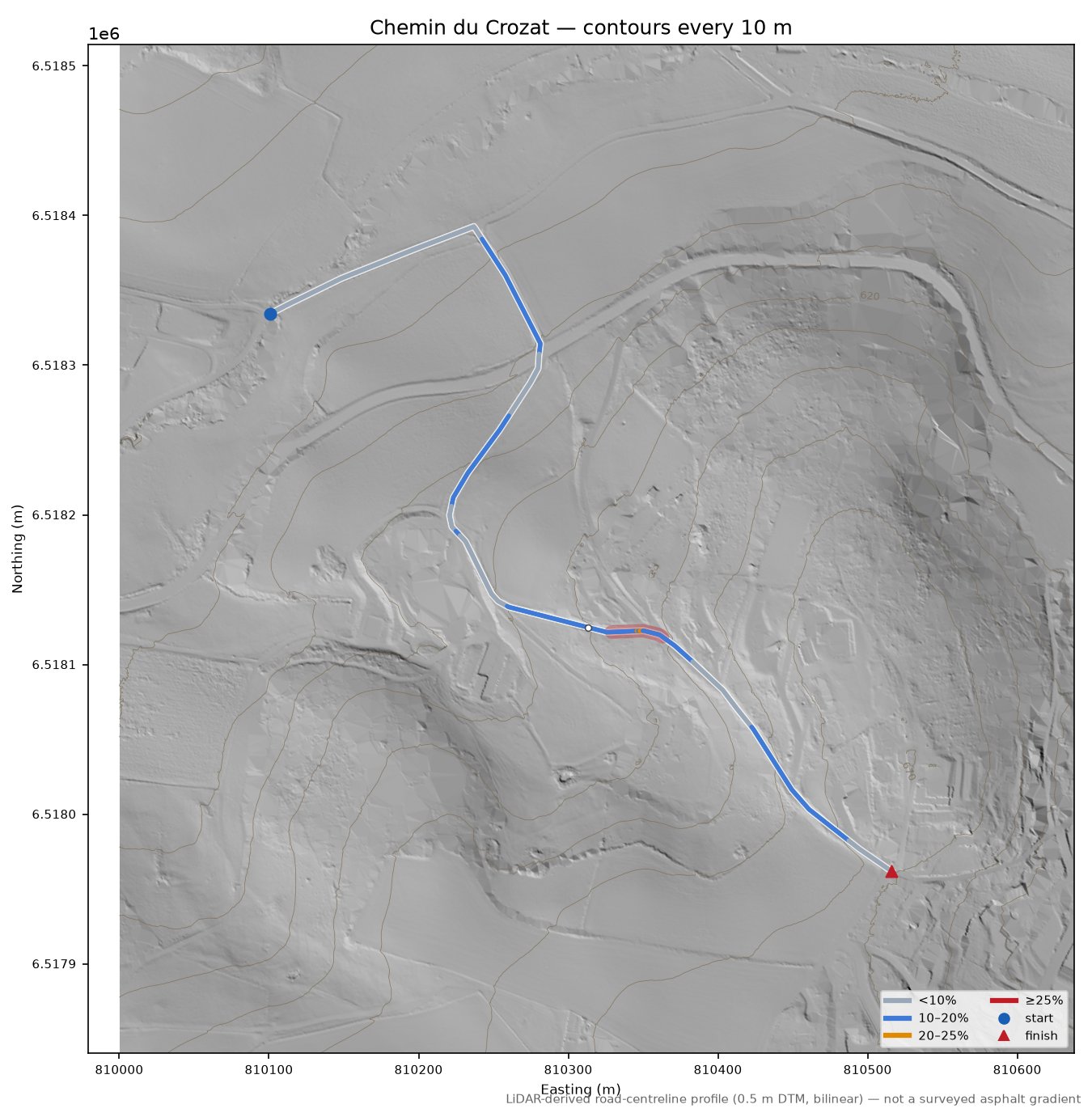 Chemin du Crozat LiDAR hillshade map with contours