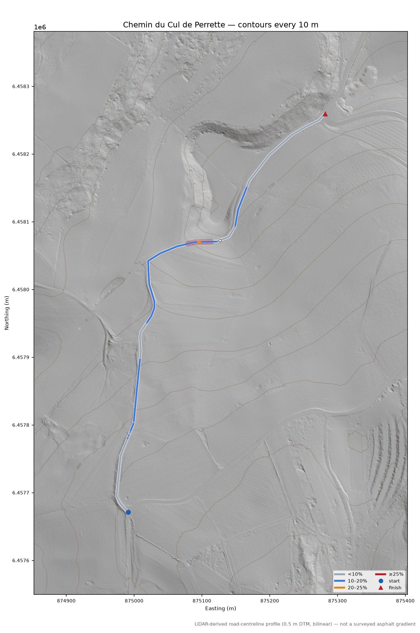 Chemin du Cul de Perrette LiDAR hillshade map with contours