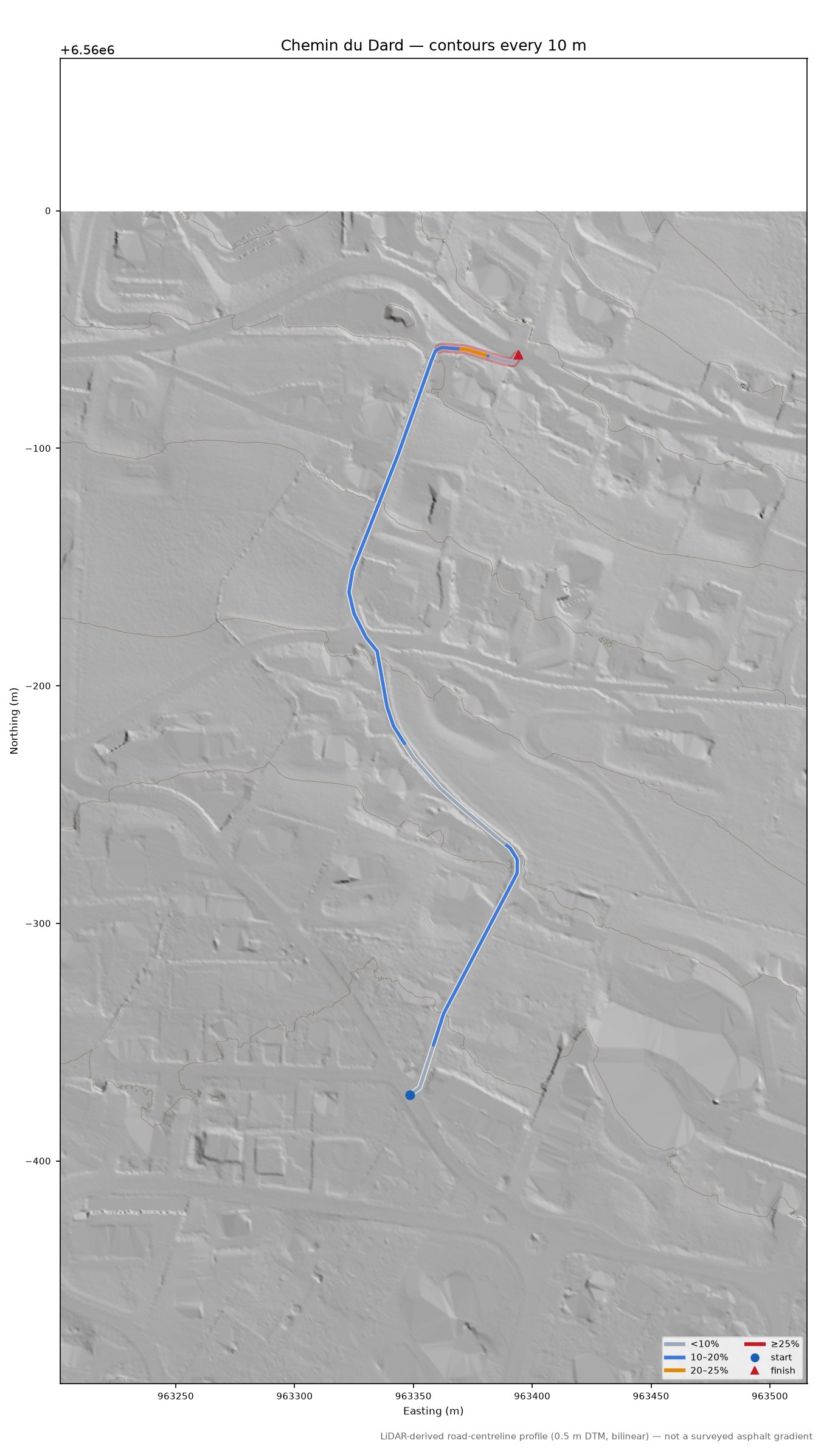 Chemin du Dard LiDAR hillshade map with contours