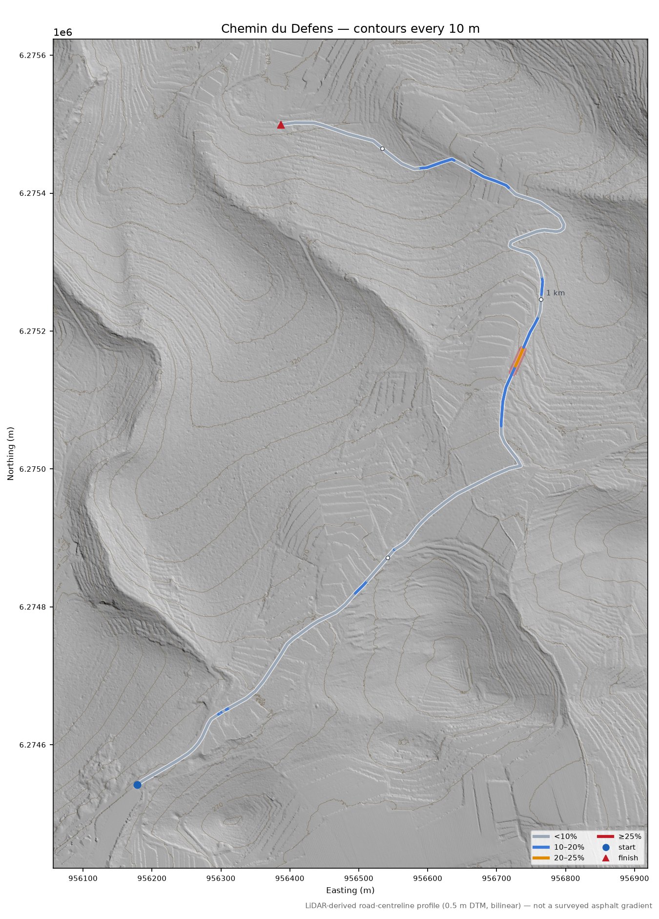 Chemin du Defens LiDAR hillshade map with contours