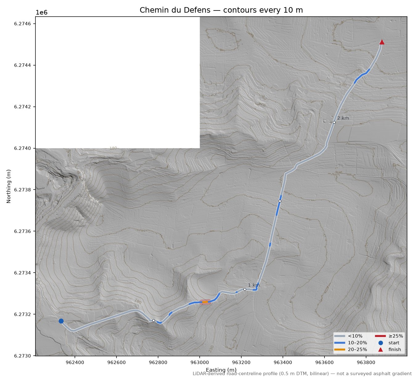 Chemin du Defens LiDAR hillshade map with contours