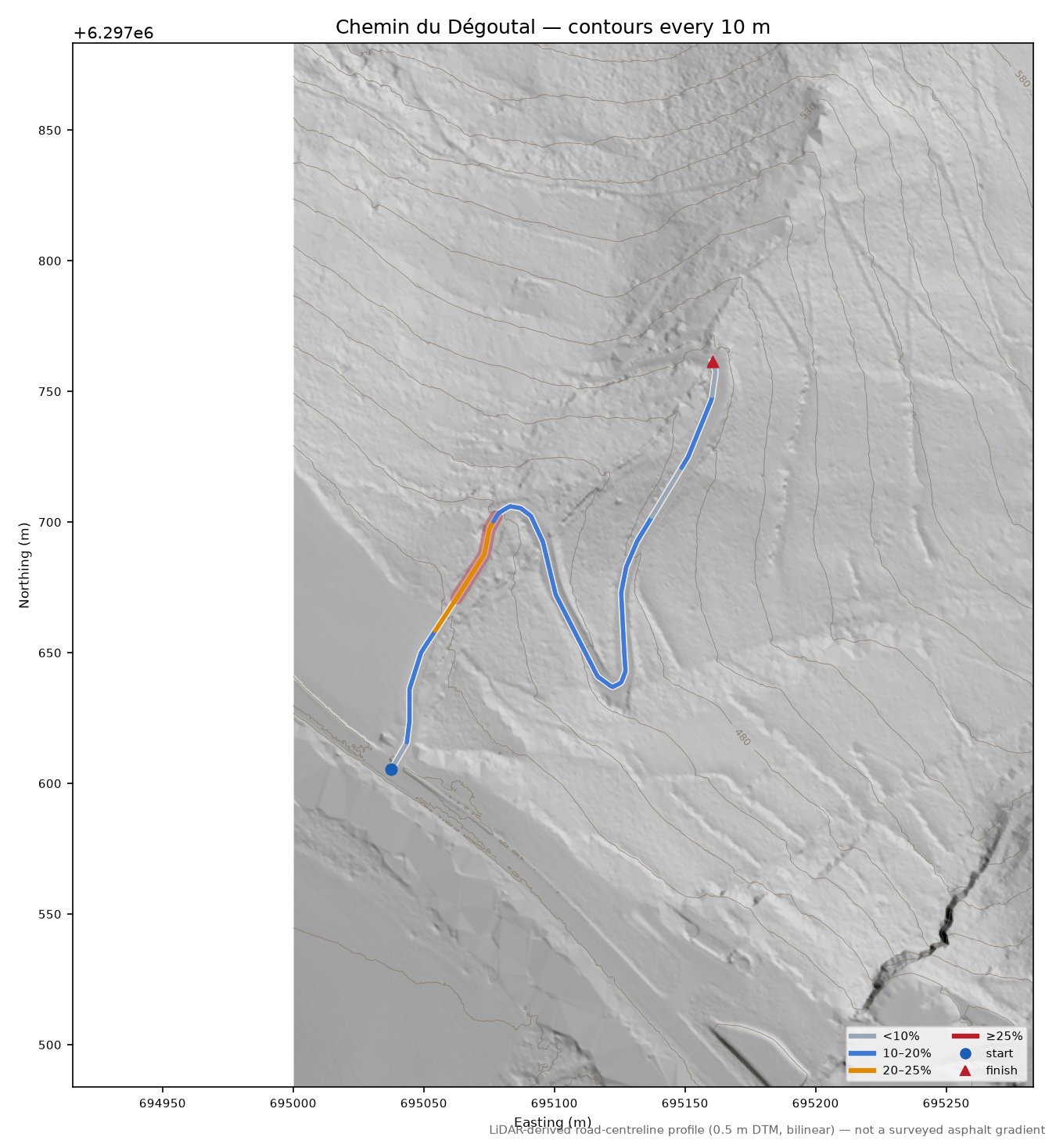 Chemin du Dégoutal LiDAR hillshade map with contours