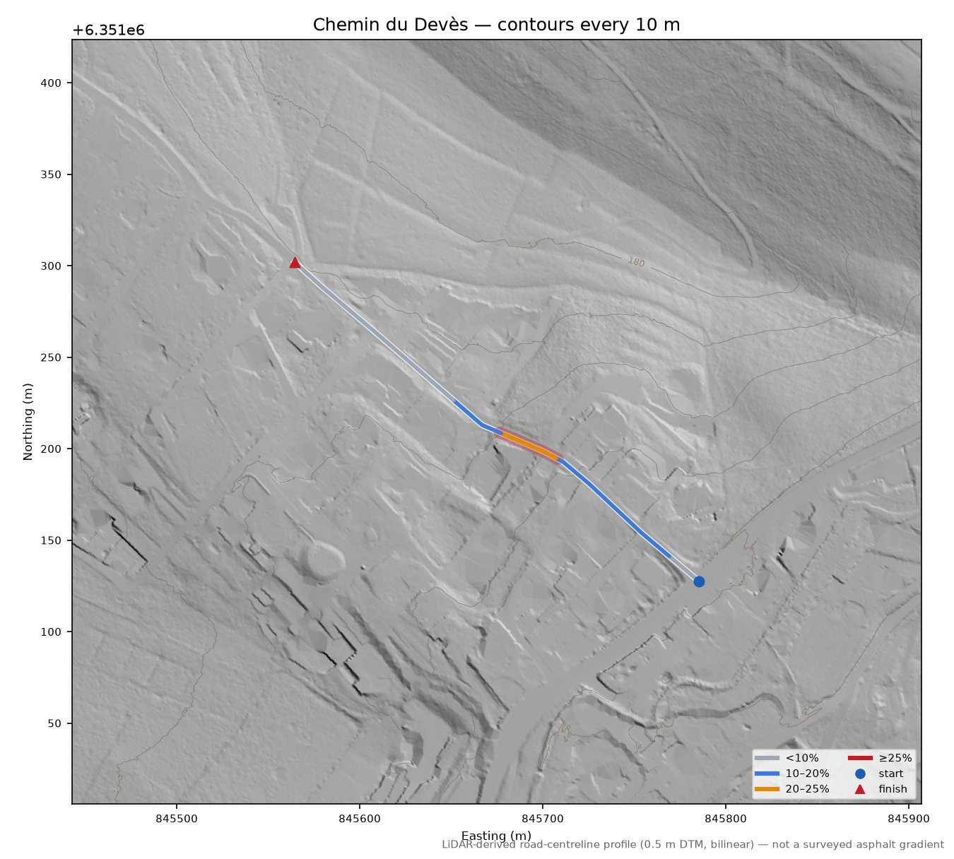Chemin du Devès LiDAR hillshade map with contours