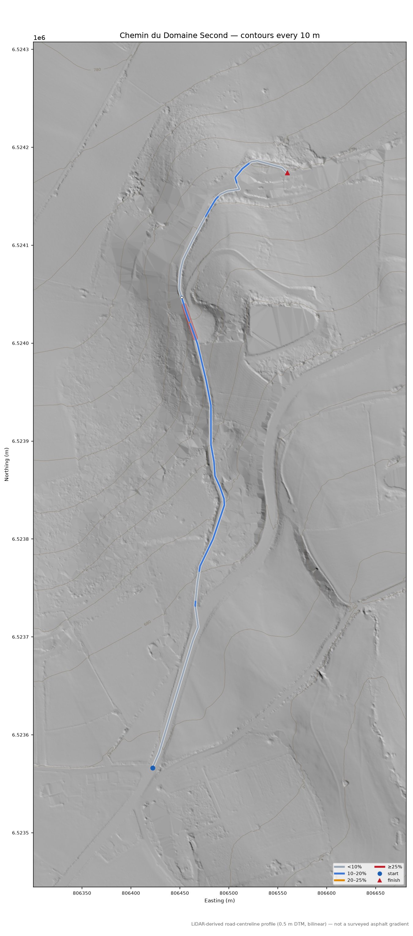 Chemin du Domaine Second LiDAR hillshade map with contours