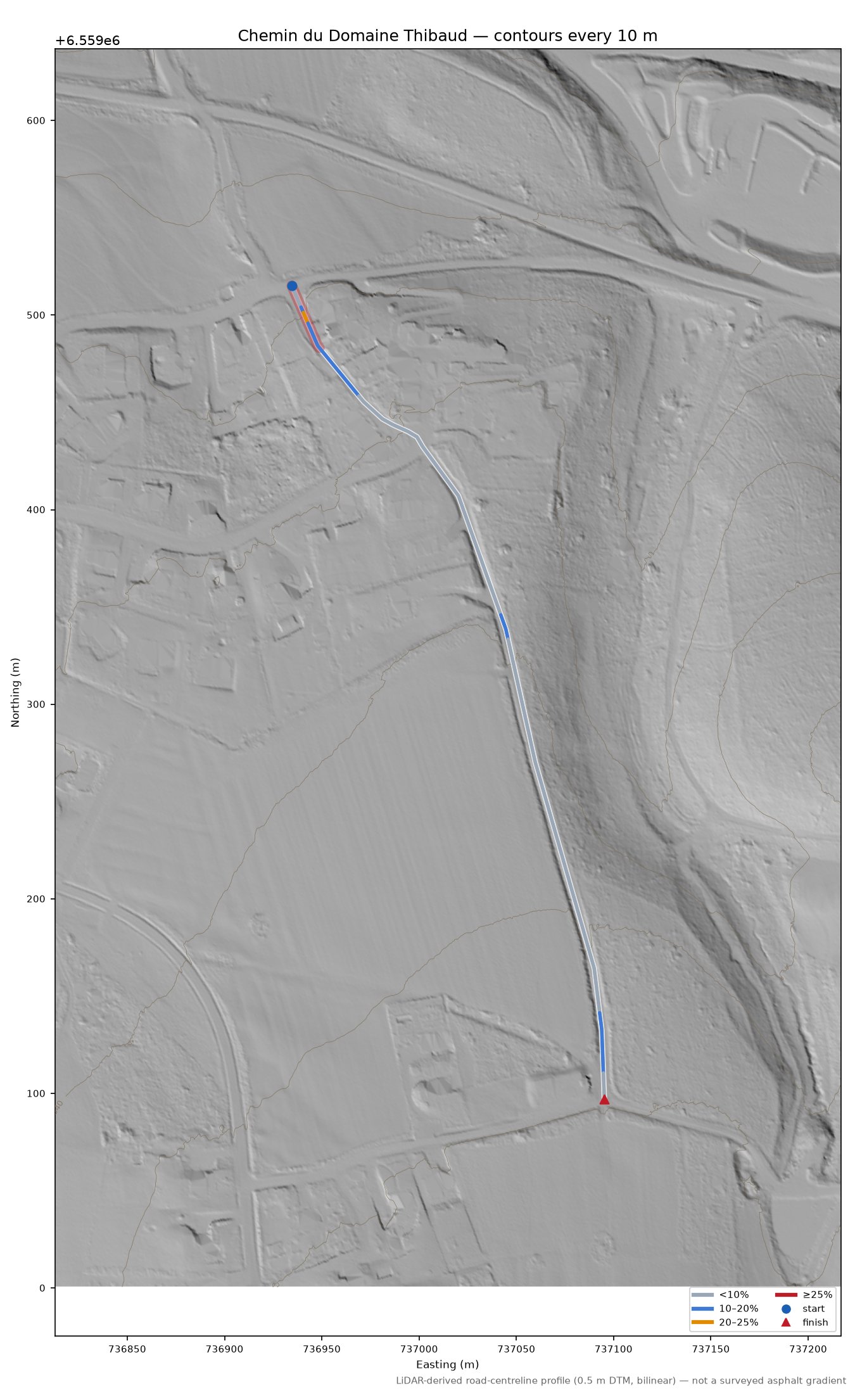 Chemin du Domaine Thibaud LiDAR hillshade map with contours
