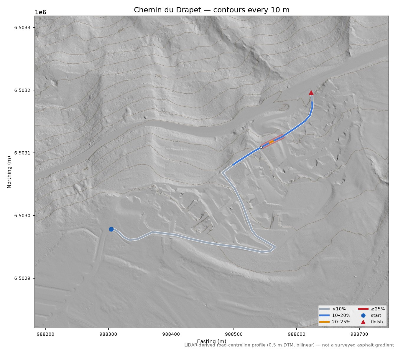 Chemin du Drapet LiDAR hillshade map with contours