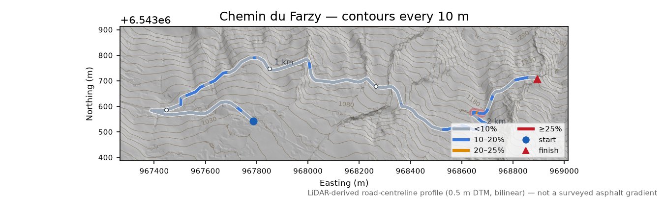 Chemin du Farzy LiDAR hillshade map with contours