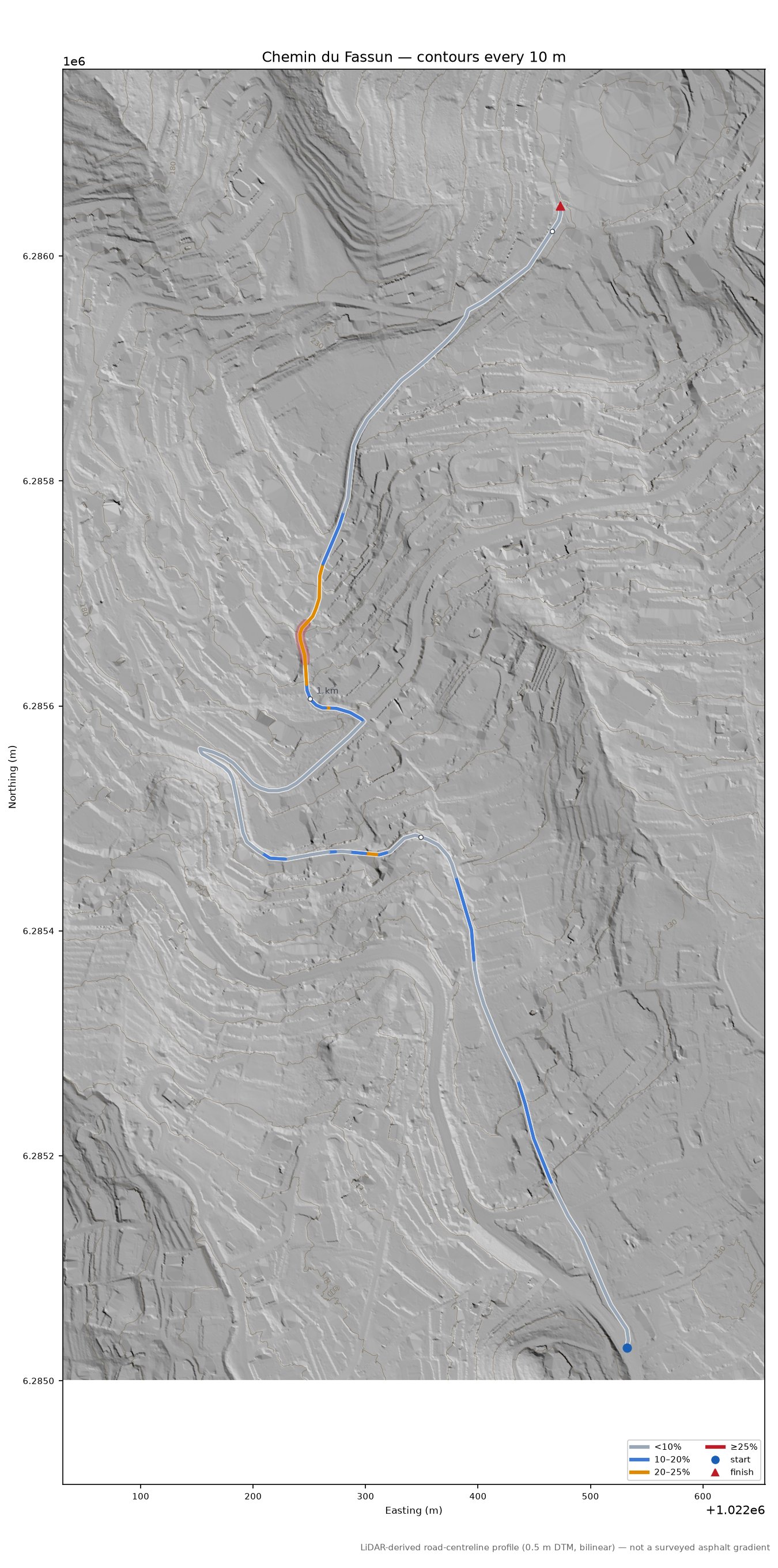 Chemin du Fassun LiDAR hillshade map with contours