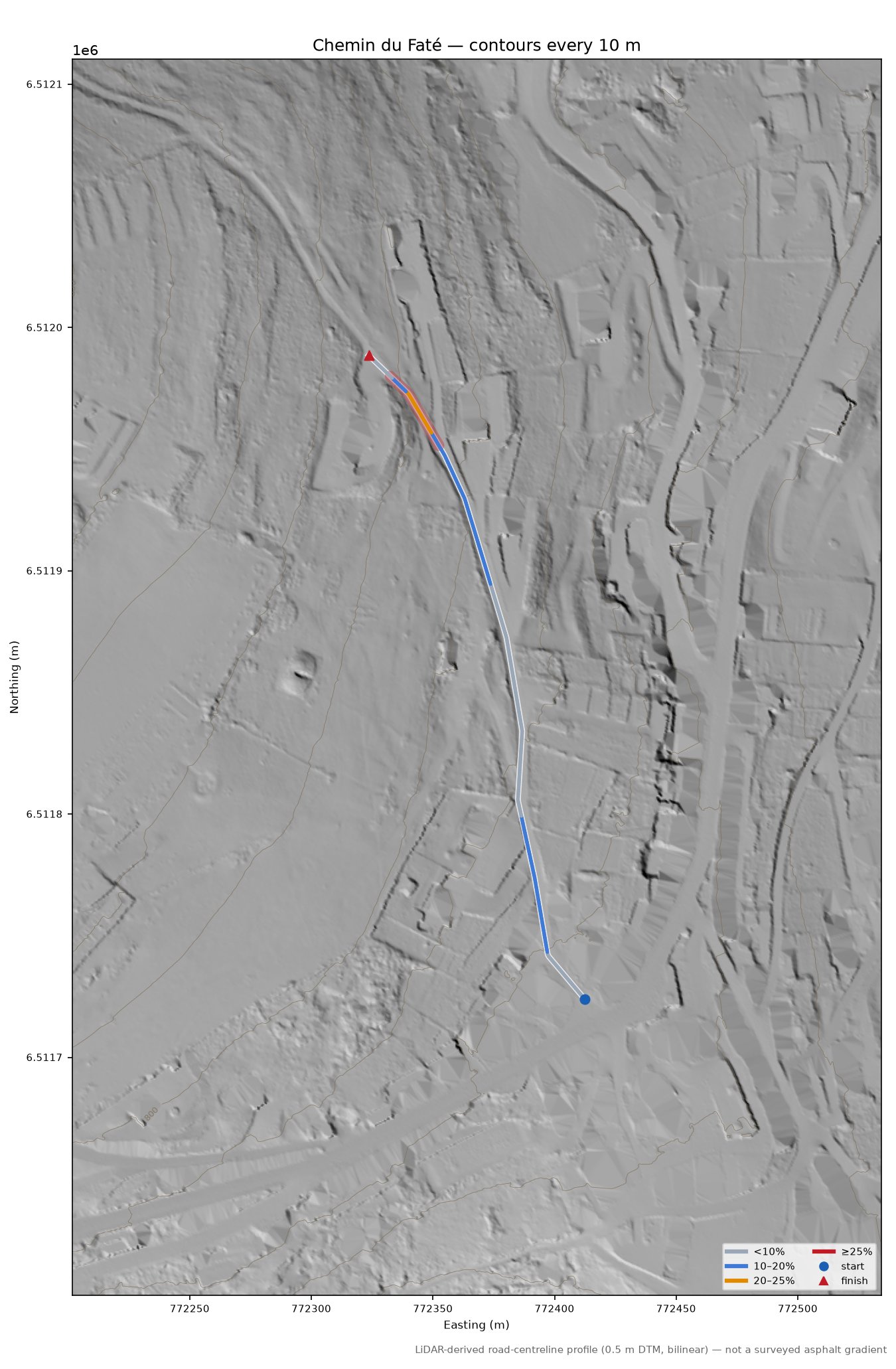 Chemin du Faté LiDAR hillshade map with contours