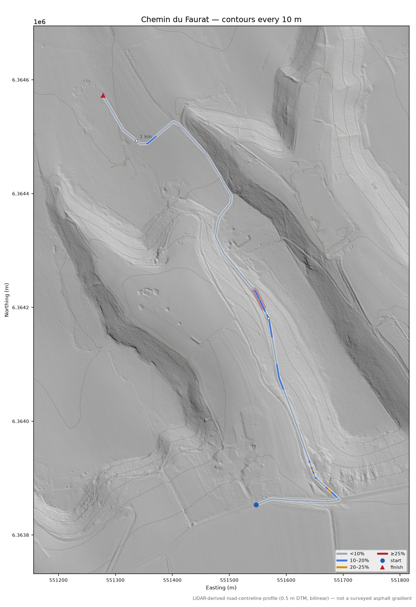 Chemin du Faurat LiDAR hillshade map with contours