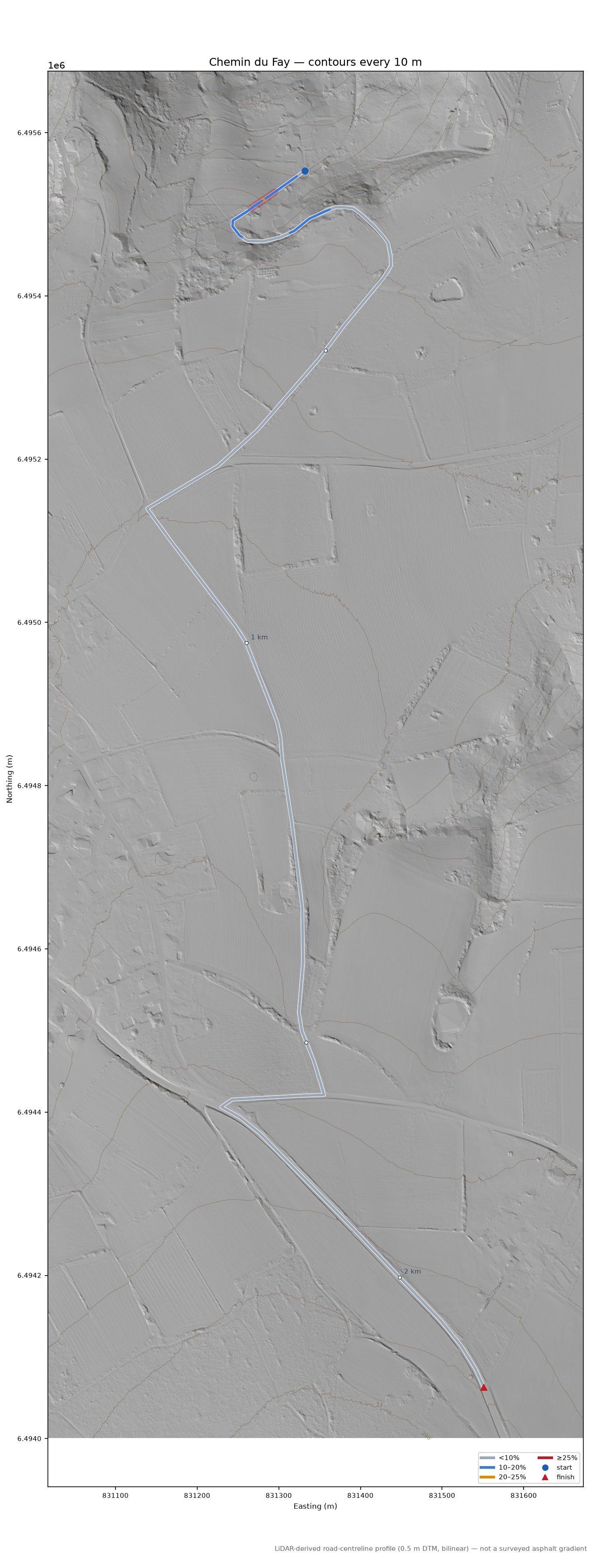 Chemin du Fay LiDAR hillshade map with contours
