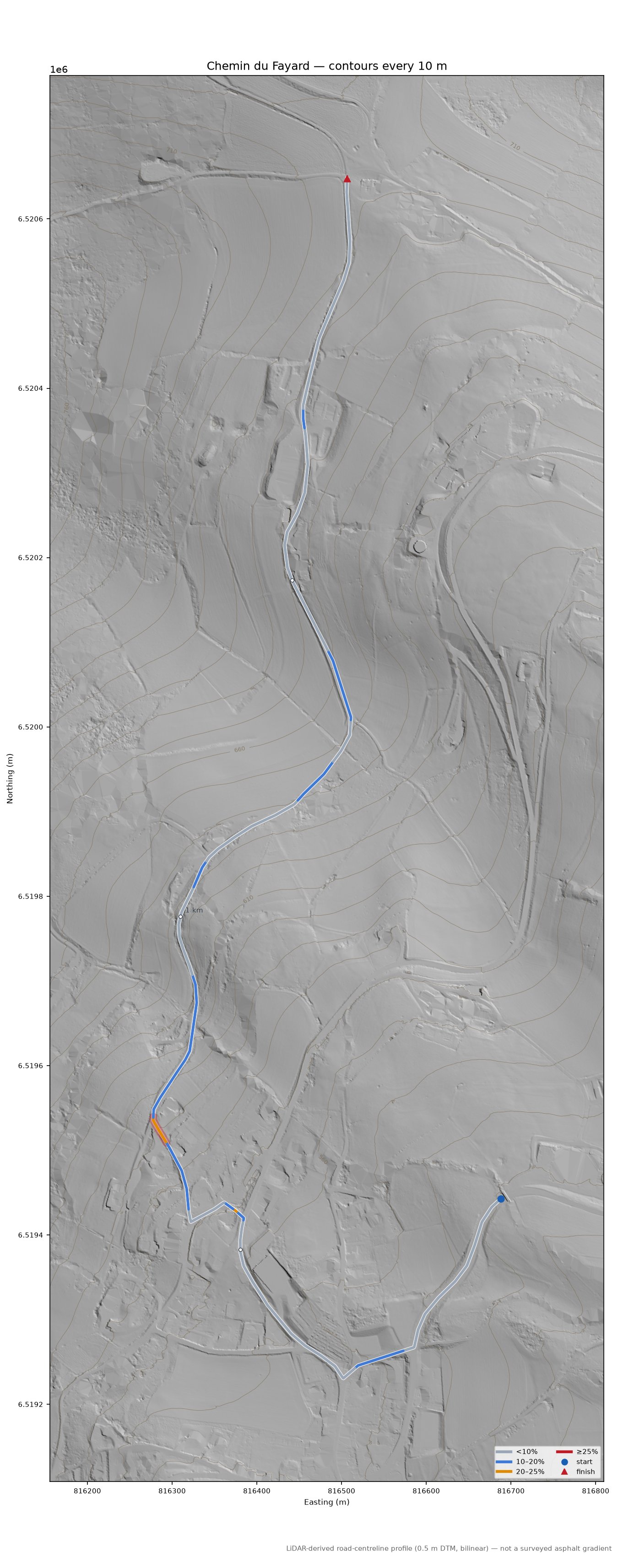 Chemin du Fayard LiDAR hillshade map with contours