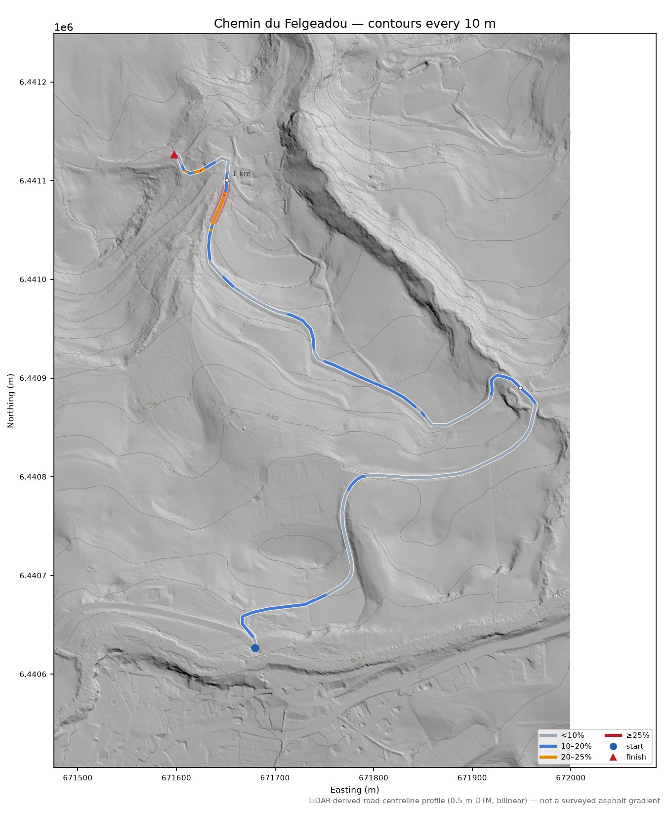 Chemin du Felgeadou LiDAR hillshade map with contours