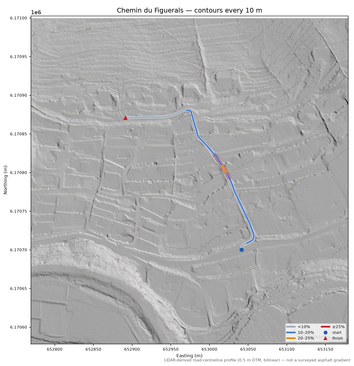 Chemin du Figuerals LiDAR hillshade map with contours