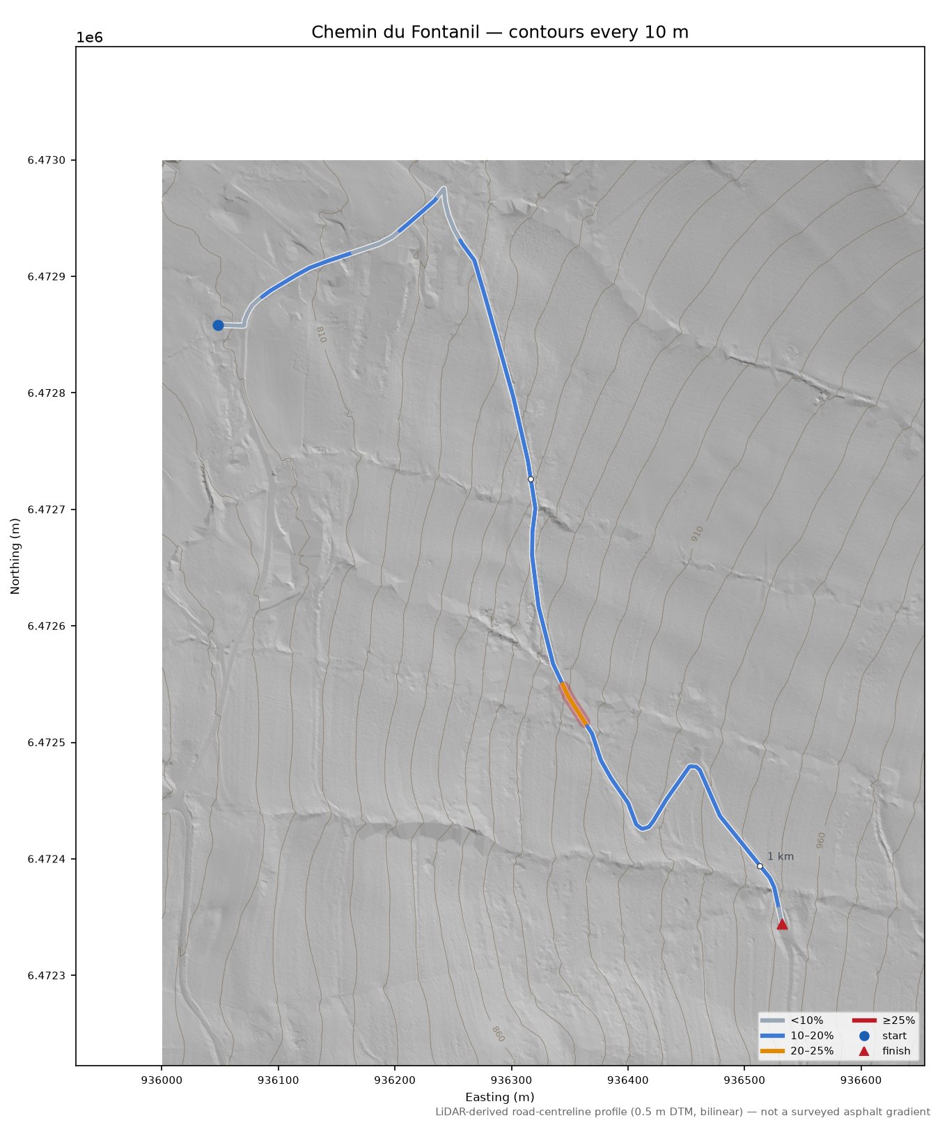 Chemin du Fontanil LiDAR hillshade map with contours