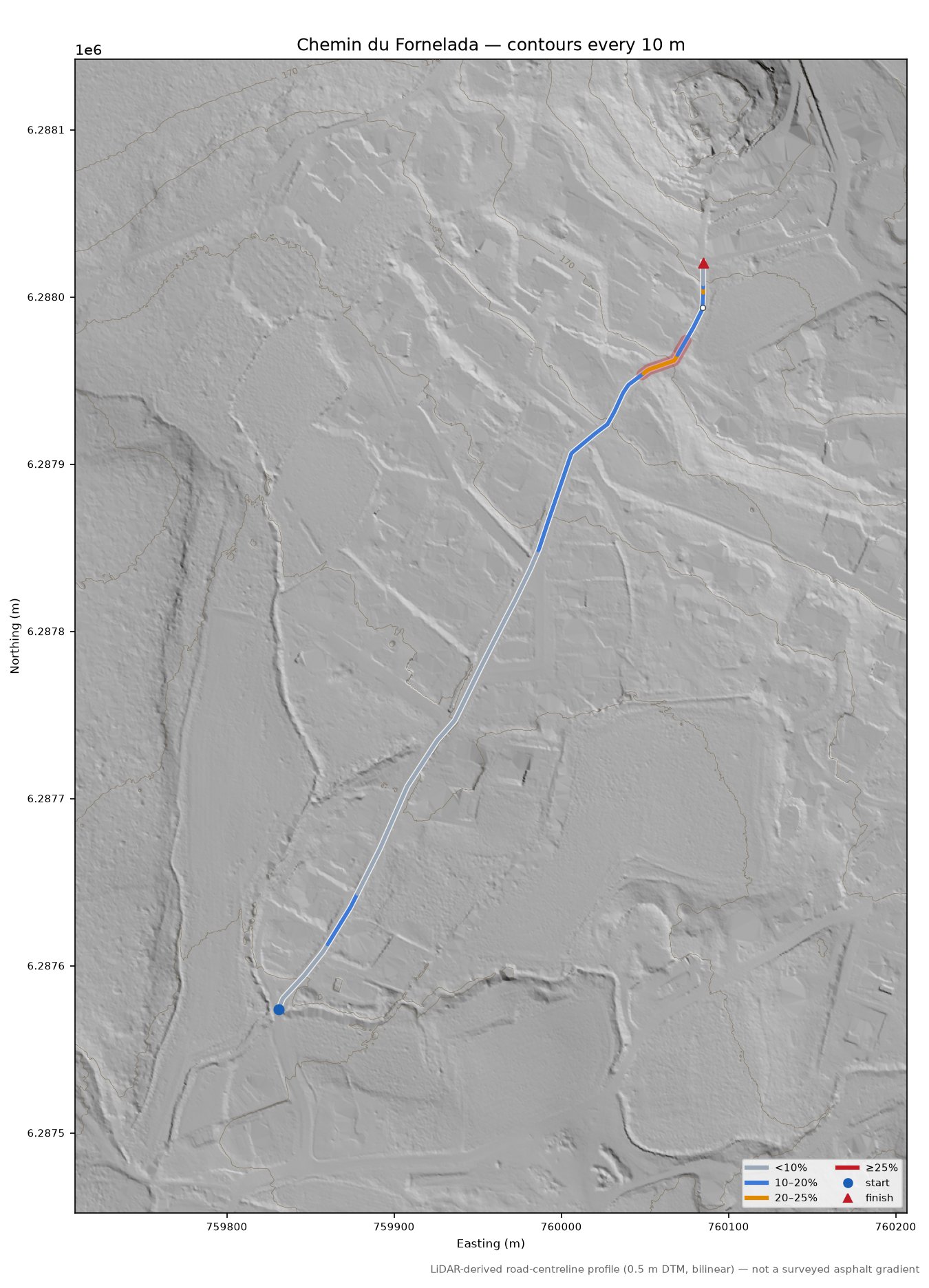 Chemin du Fornelada LiDAR hillshade map with contours
