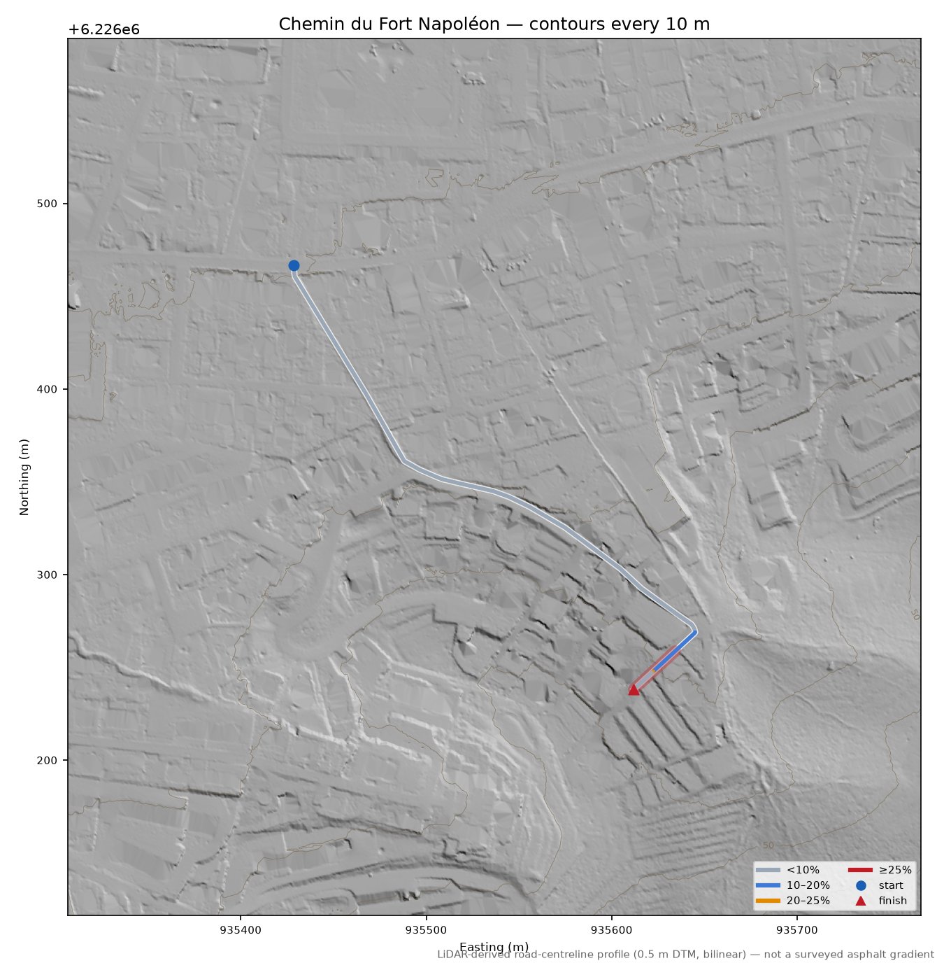 Chemin du Fort Napoléon LiDAR hillshade map with contours