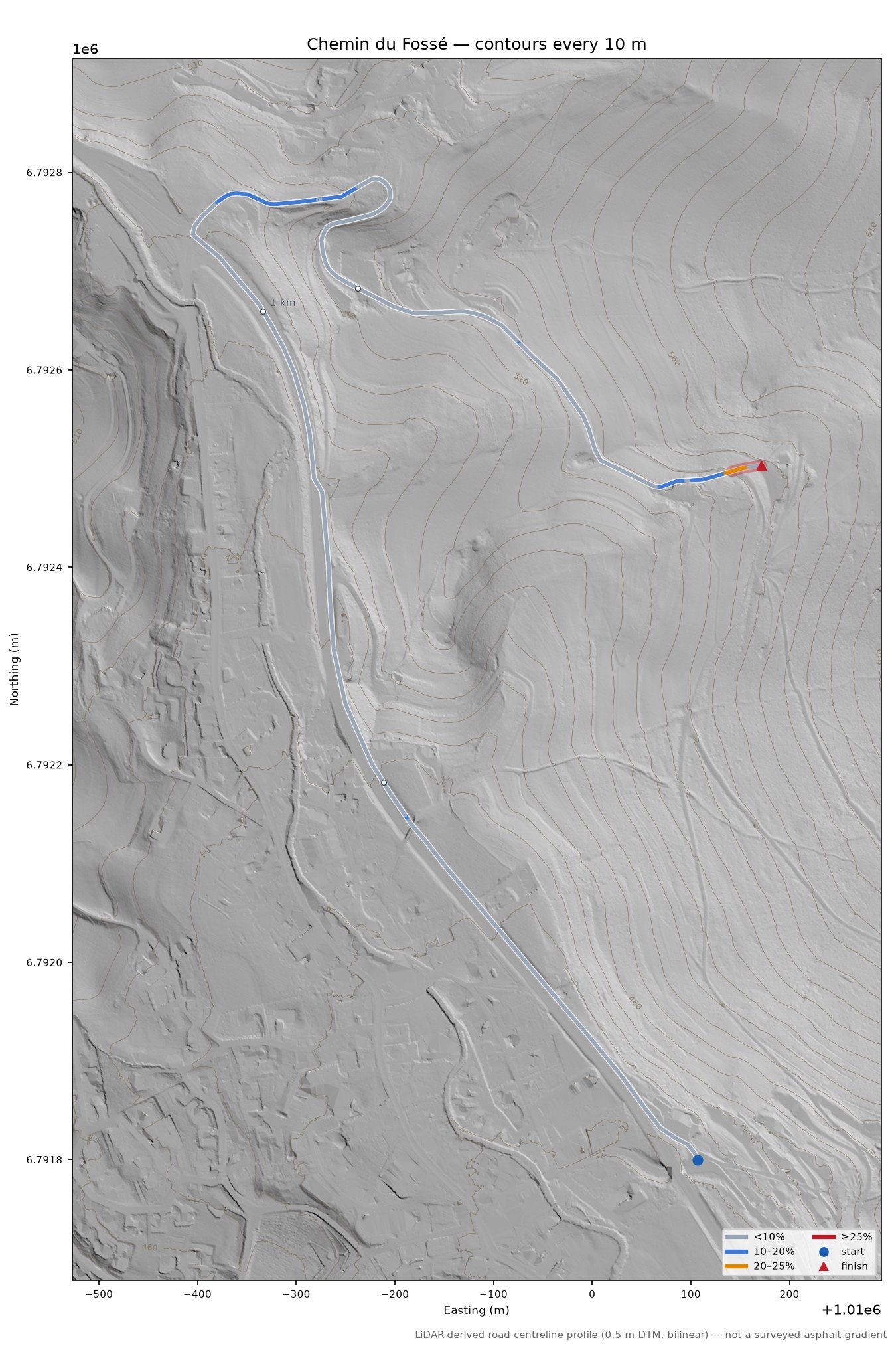 Chemin du Fossé LiDAR hillshade map with contours