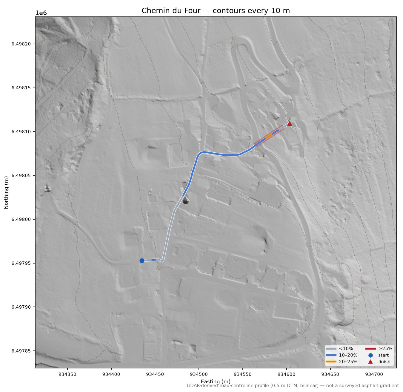 Chemin du Four LiDAR hillshade map with contours