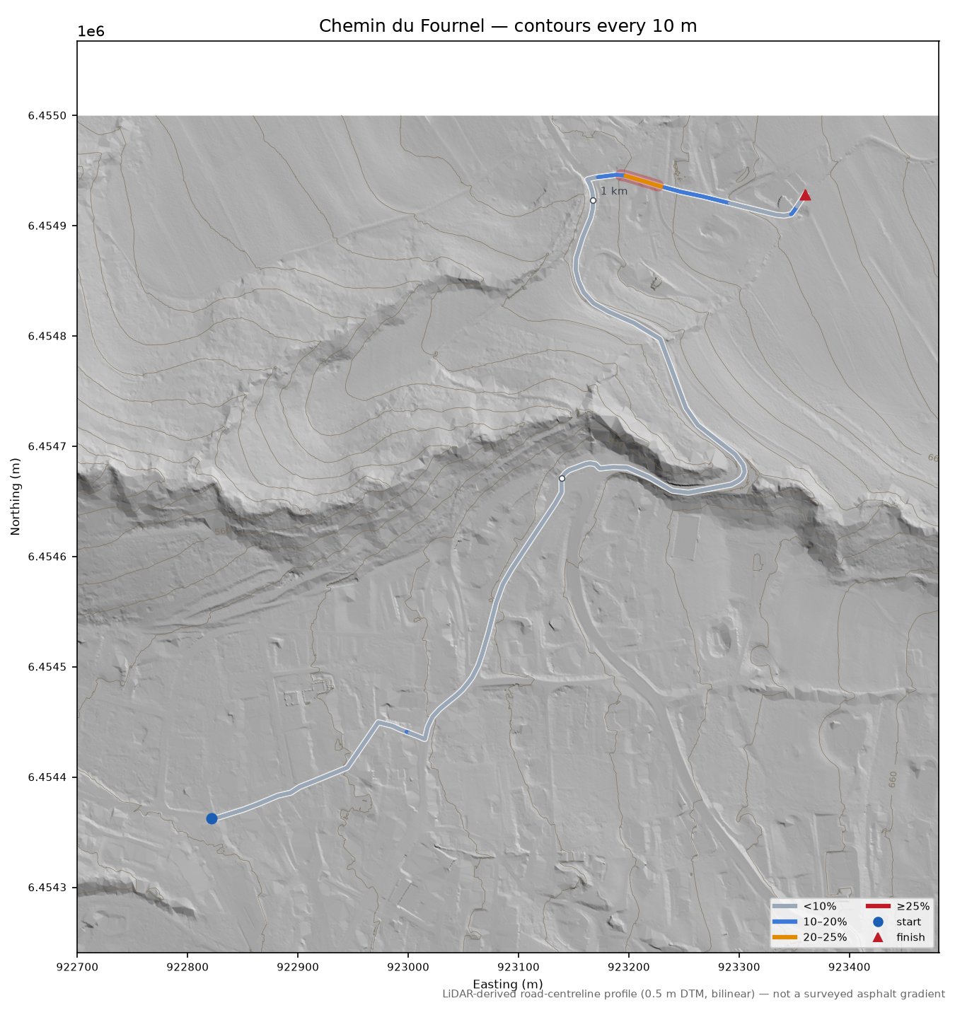 Chemin du Fournel LiDAR hillshade map with contours