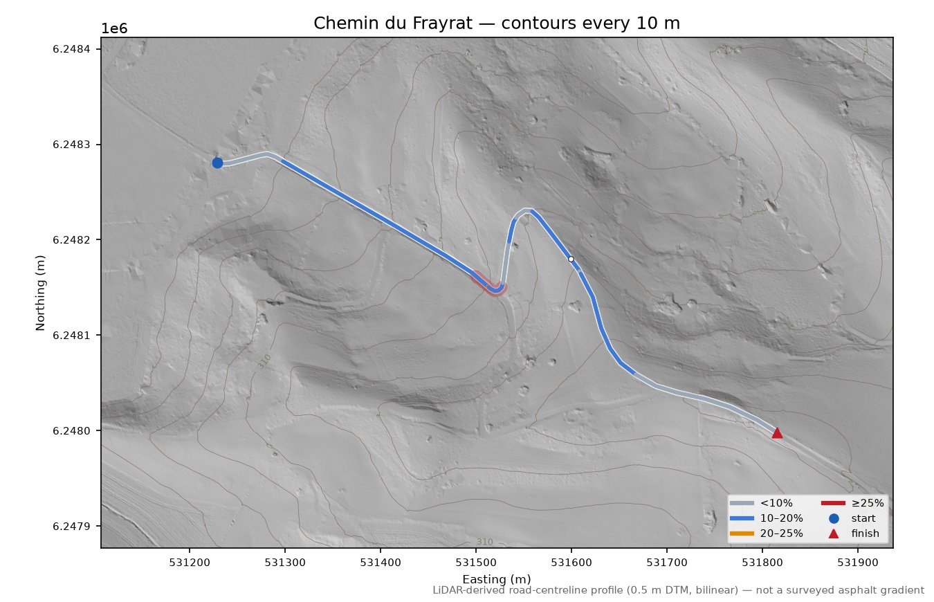 Chemin du Frayrat LiDAR hillshade map with contours