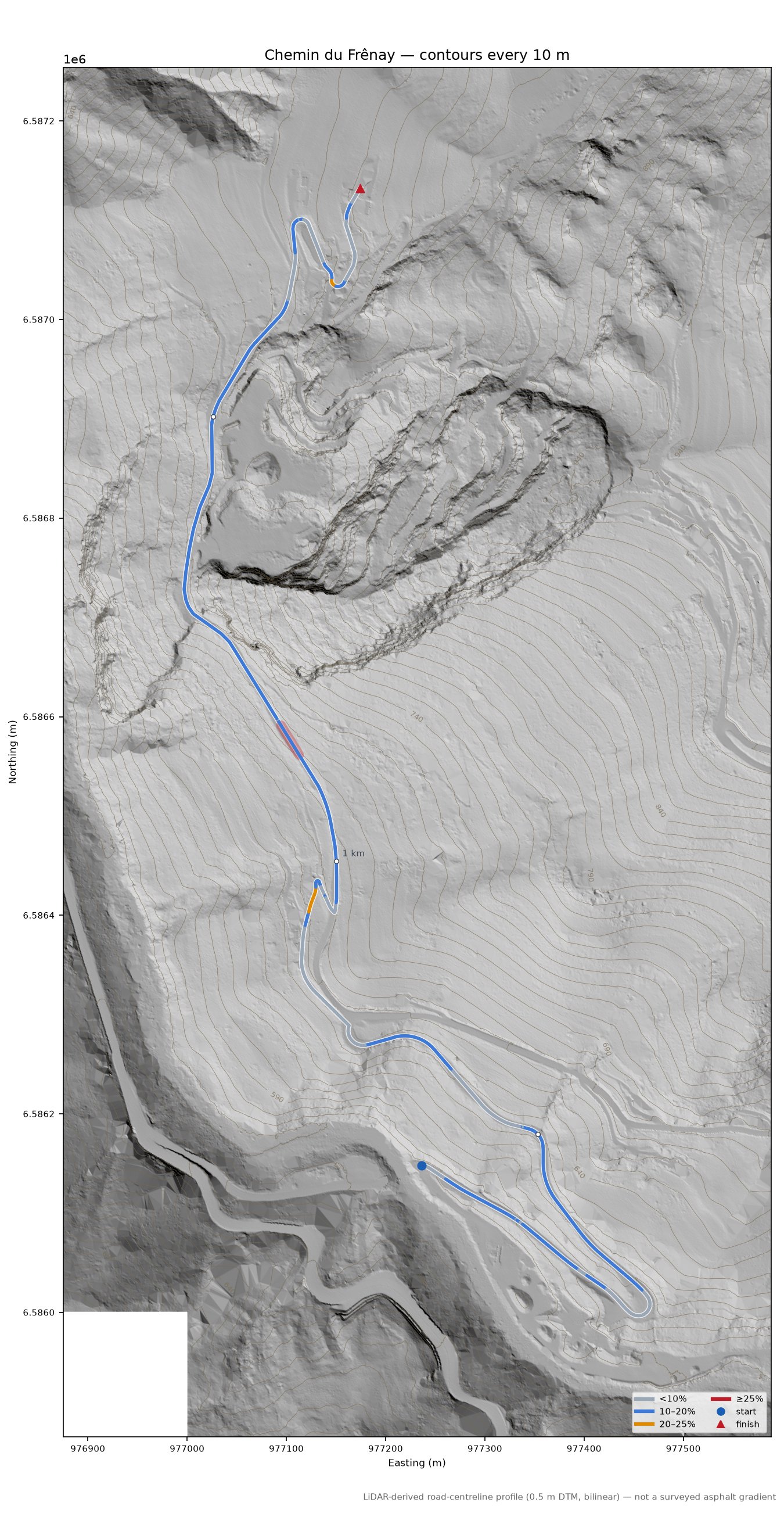 Chemin du Frênay LiDAR hillshade map with contours