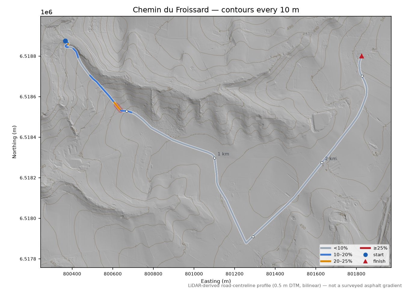 Chemin du Froissard LiDAR hillshade map with contours