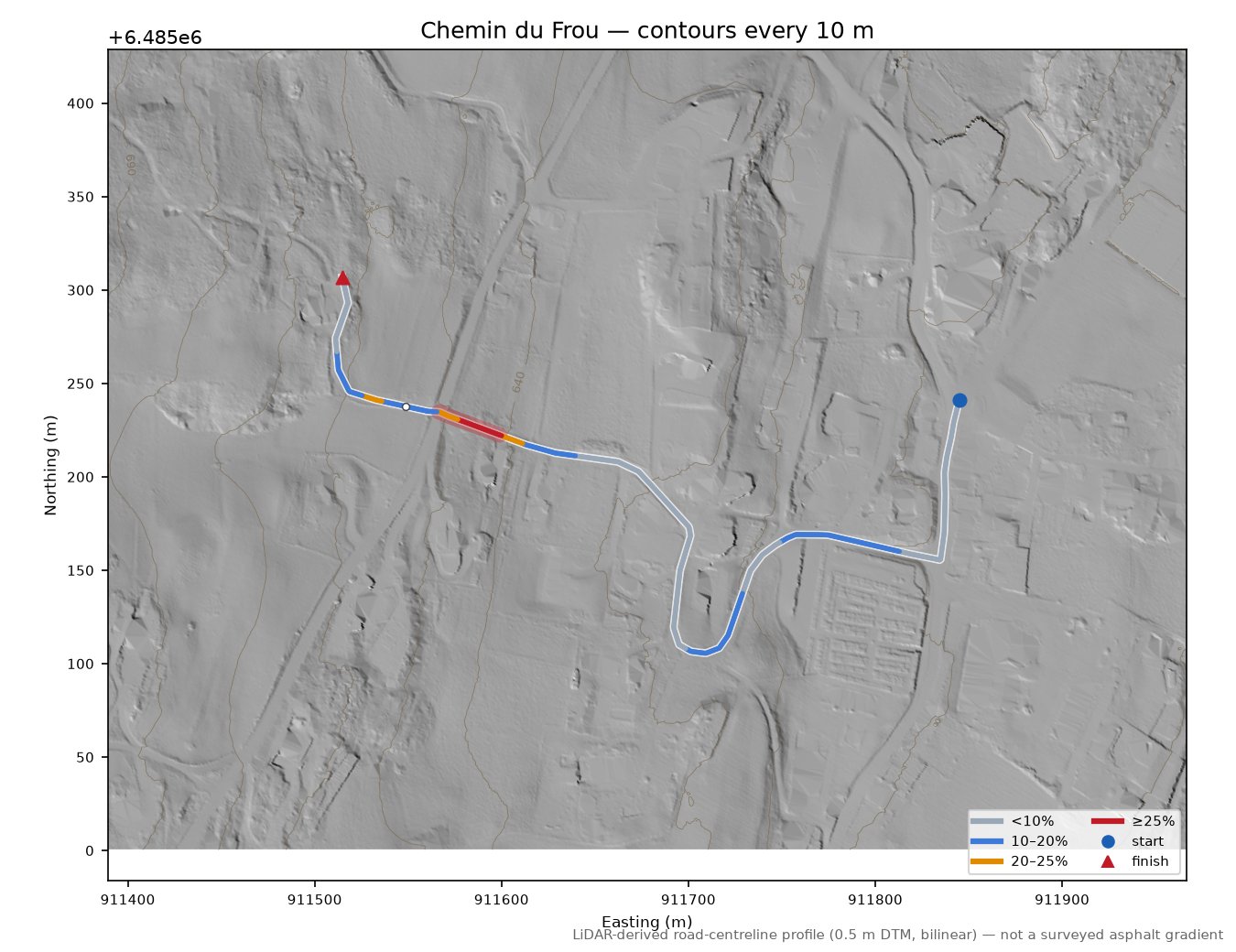 Chemin du Frou LiDAR hillshade map with contours
