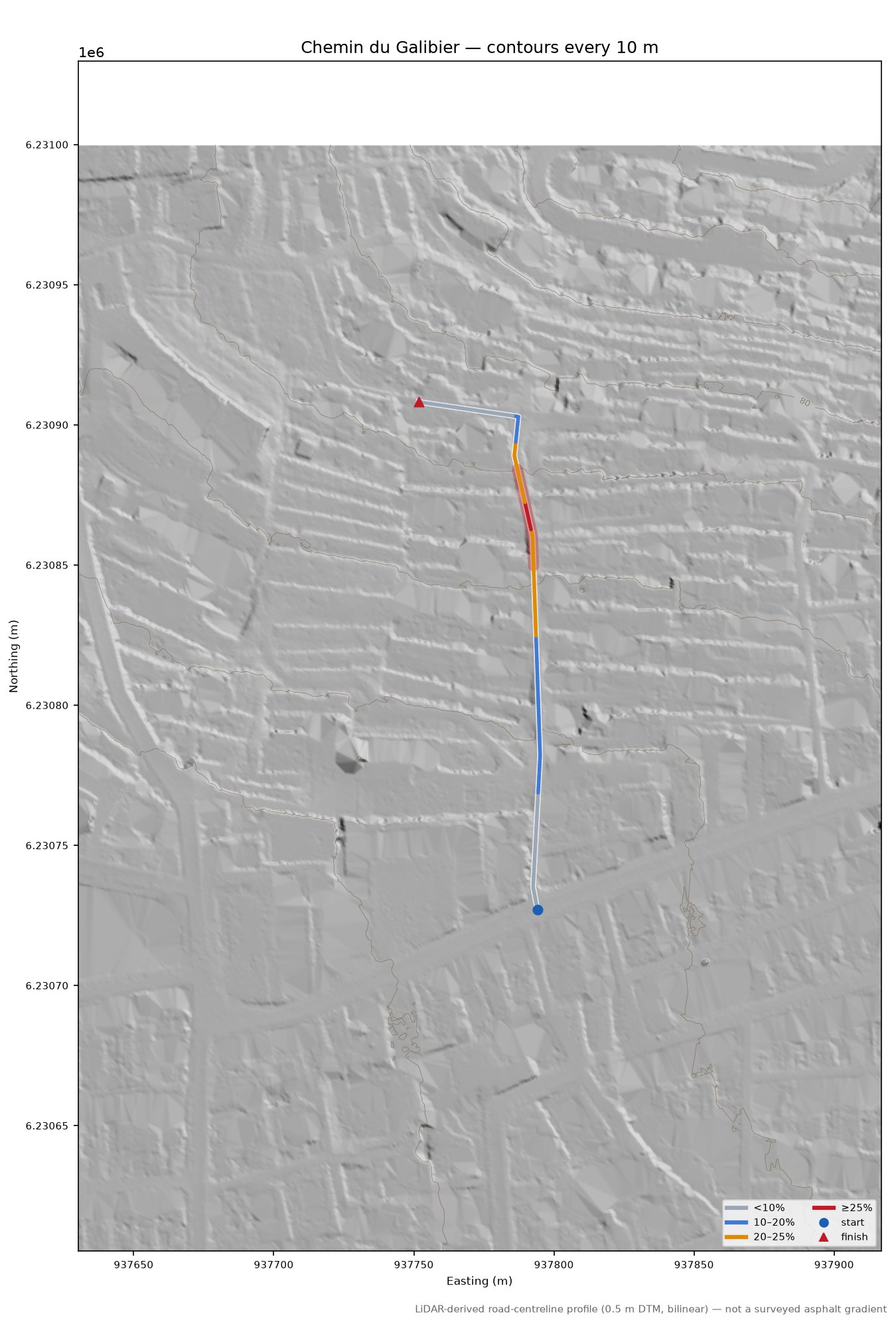Chemin du Galibier LiDAR hillshade map with contours