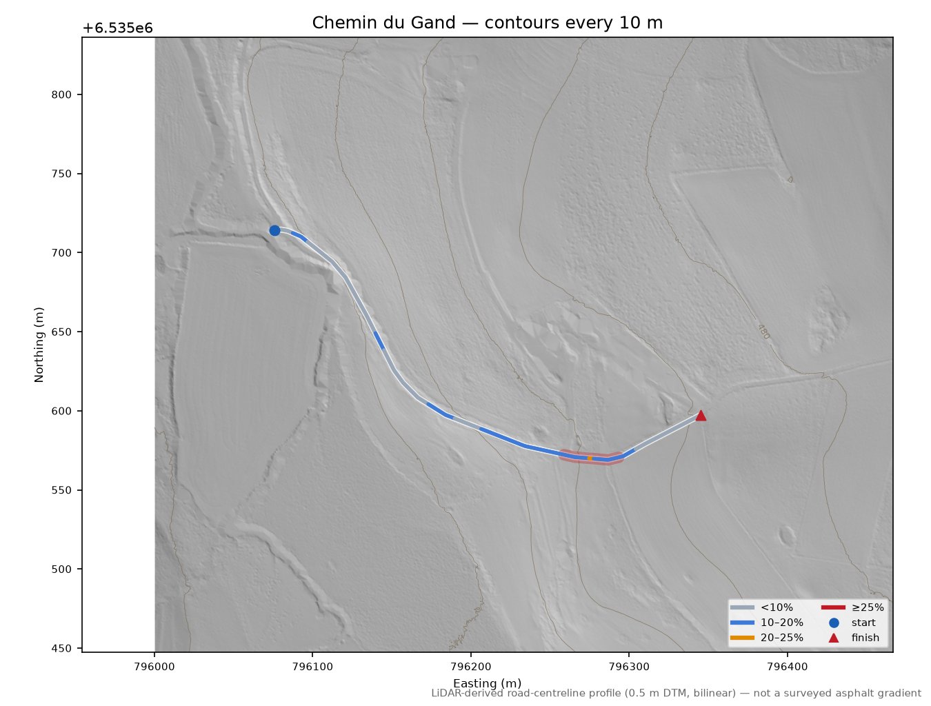 Chemin du Gand LiDAR hillshade map with contours