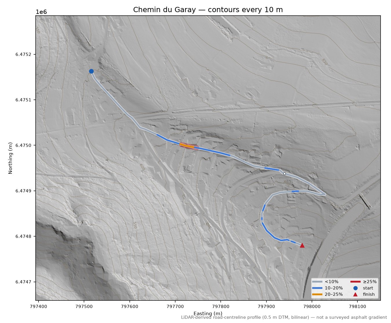 Chemin du Garay LiDAR hillshade map with contours
