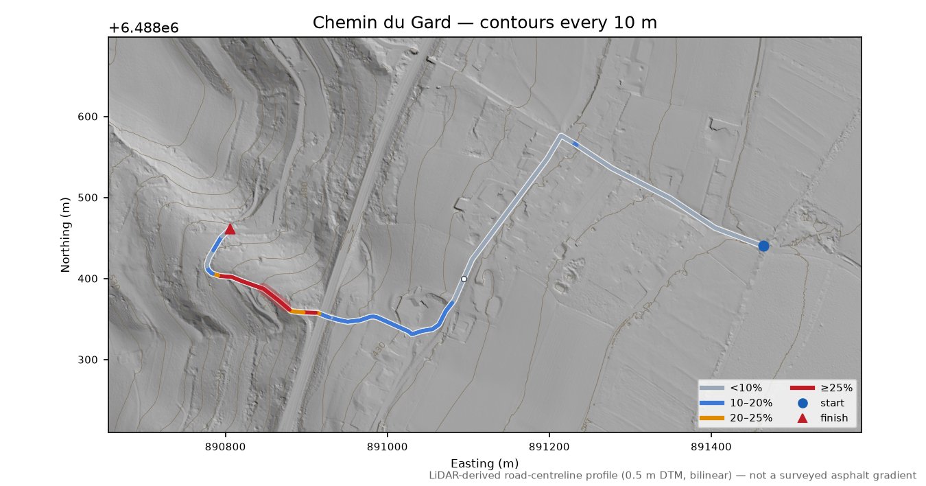 Chemin du Gard LiDAR hillshade map with contours