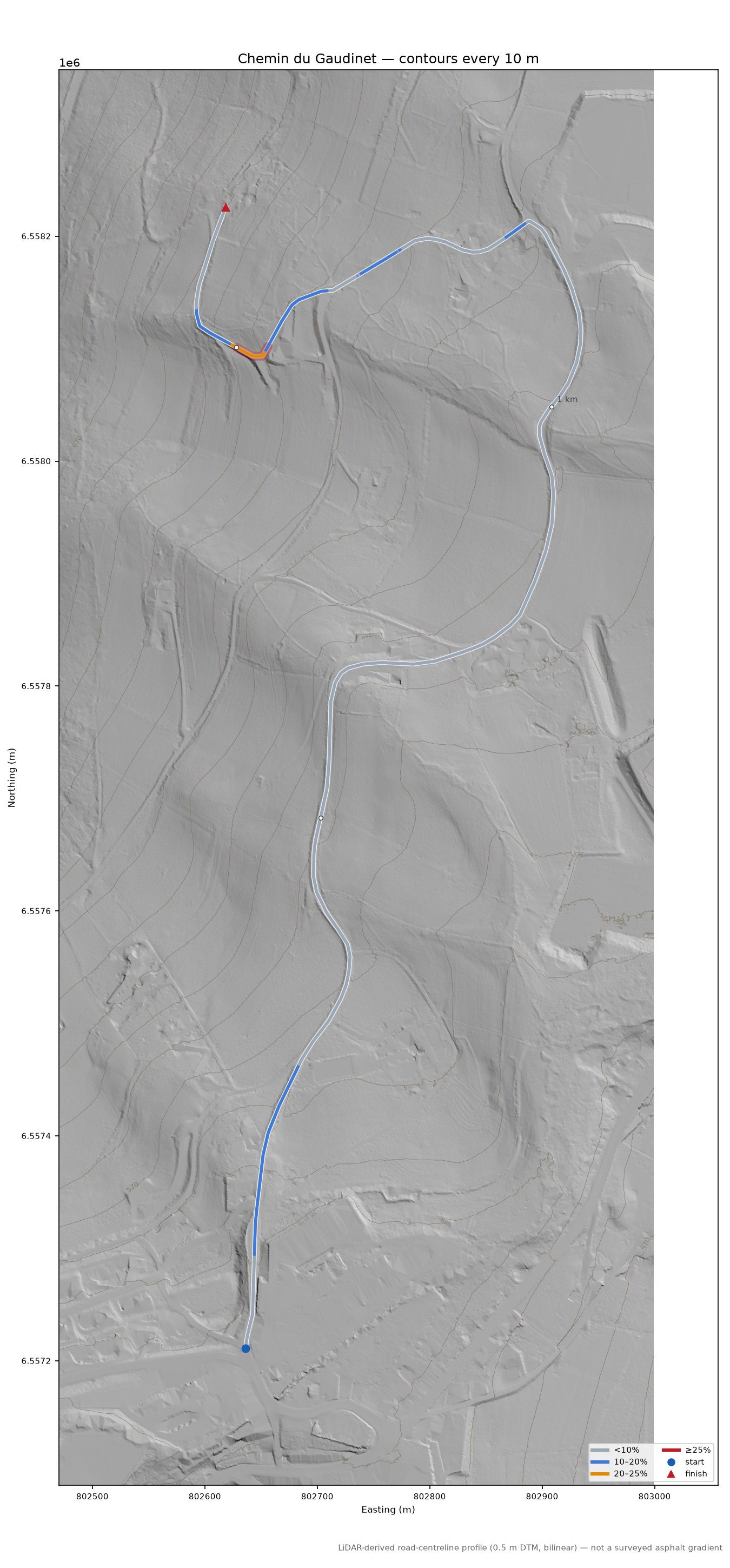 Chemin du Gaudinet LiDAR hillshade map with contours