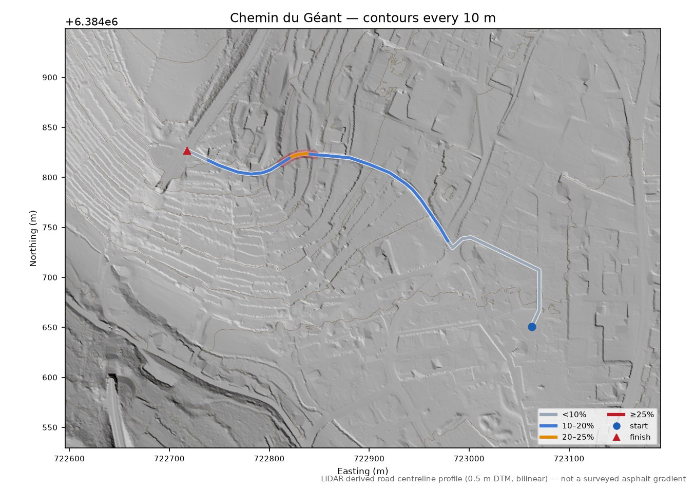 Chemin du Géant LiDAR hillshade map with contours