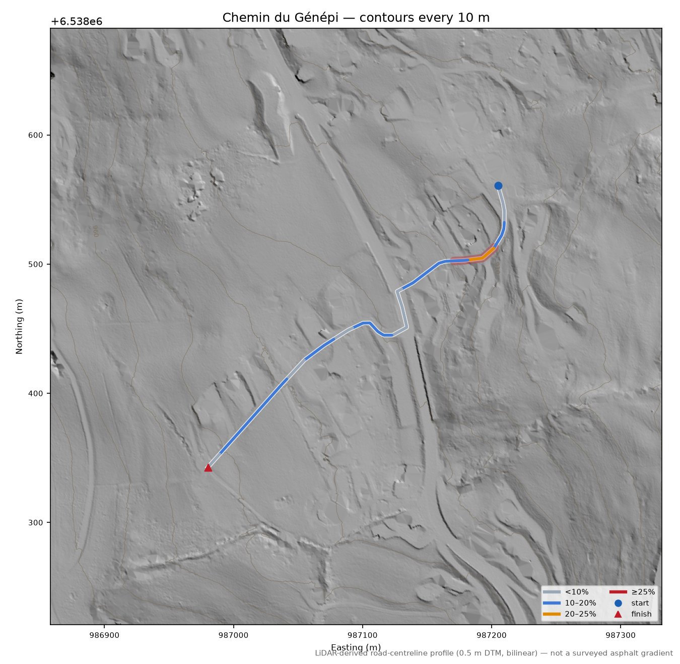 Chemin du Génépi LiDAR hillshade map with contours