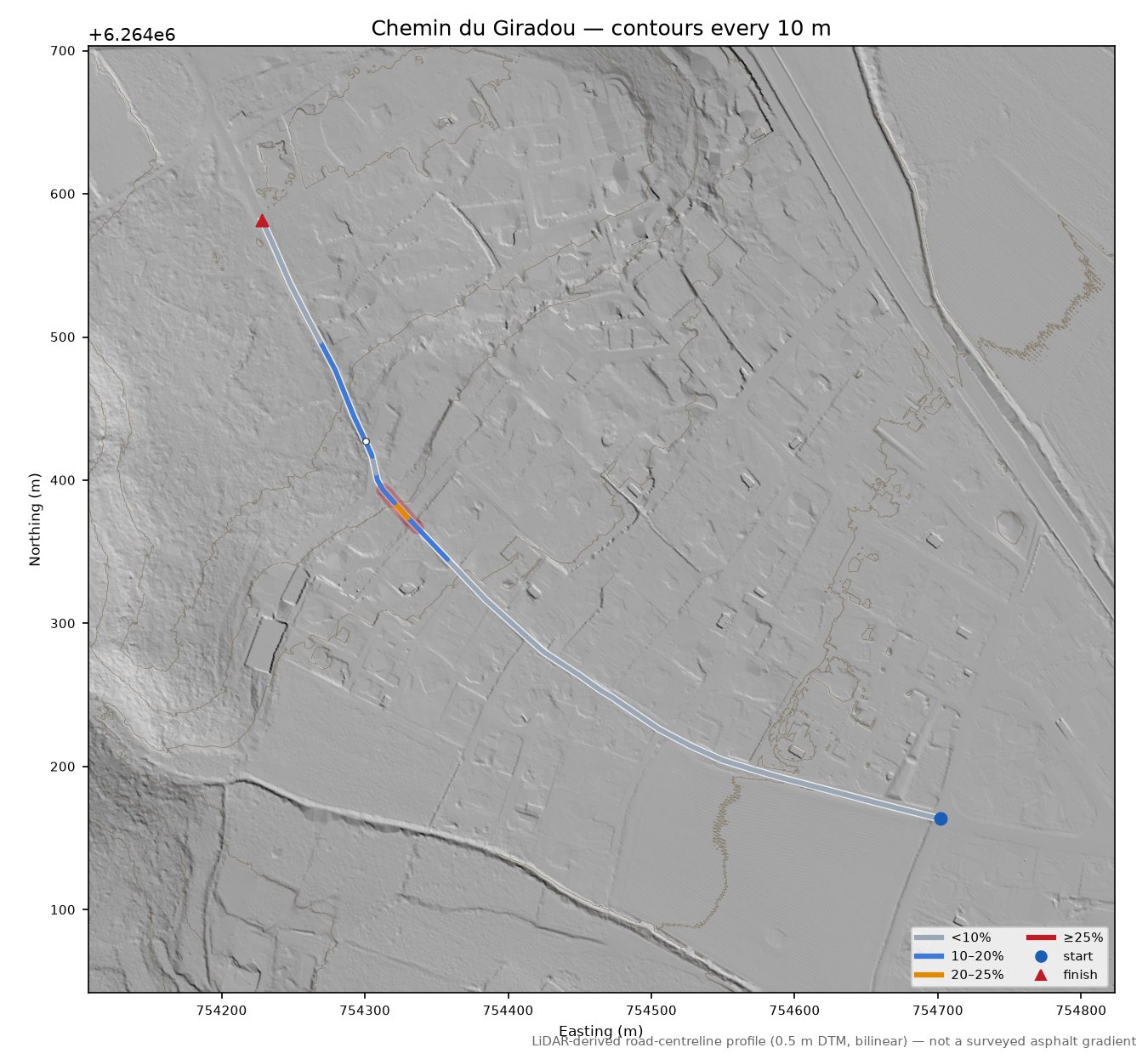 Chemin du Giradou LiDAR hillshade map with contours