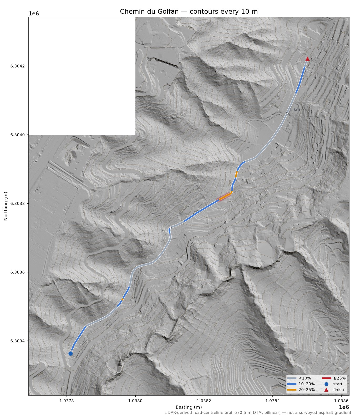 Chemin du Golfan LiDAR hillshade map with contours