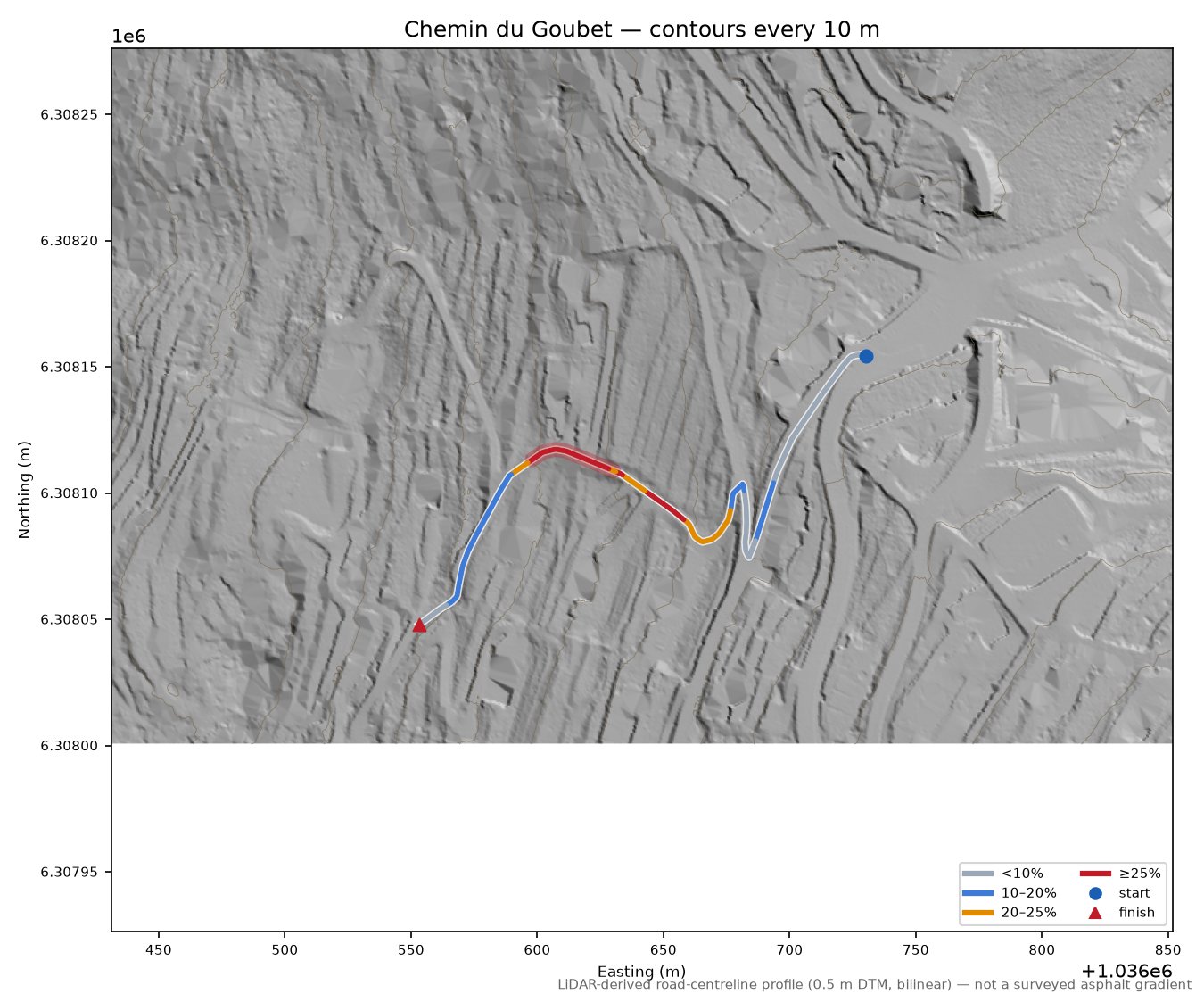 Chemin du Goubet LiDAR hillshade map with contours