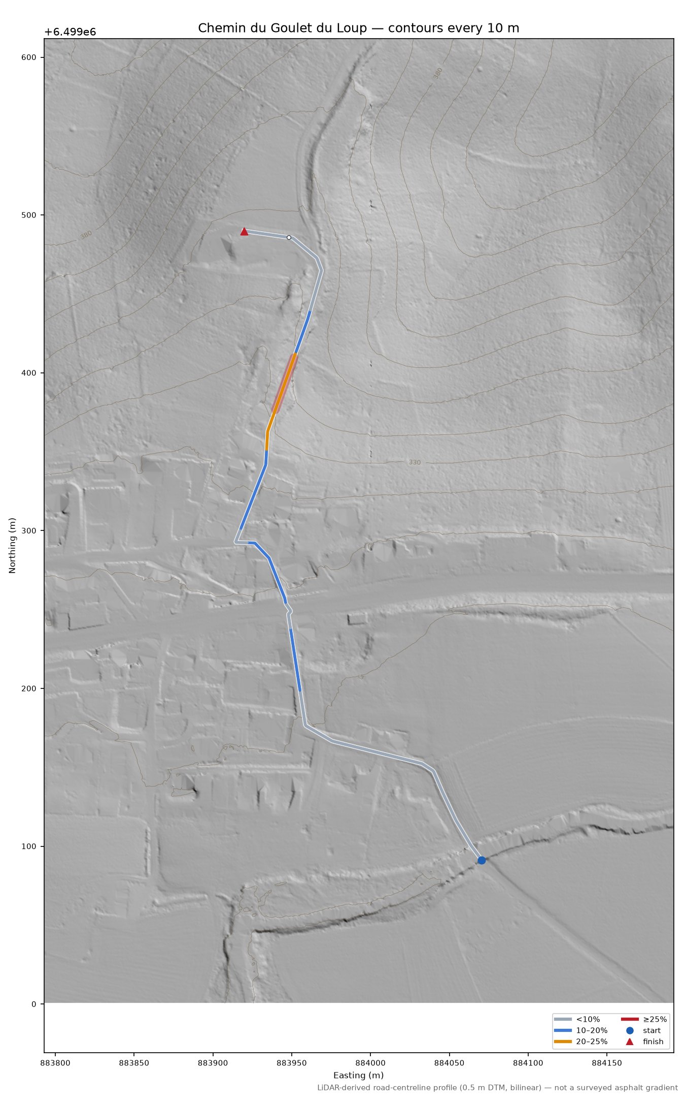 Chemin du Goulet du Loup LiDAR hillshade map with contours