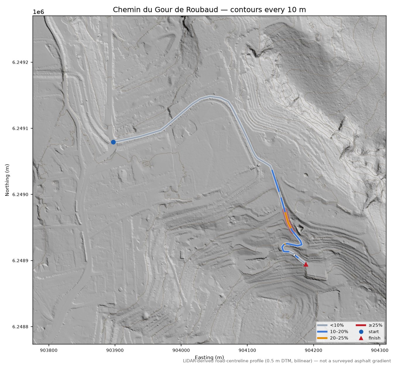 Chemin du Gour de Roubaud LiDAR hillshade map with contours