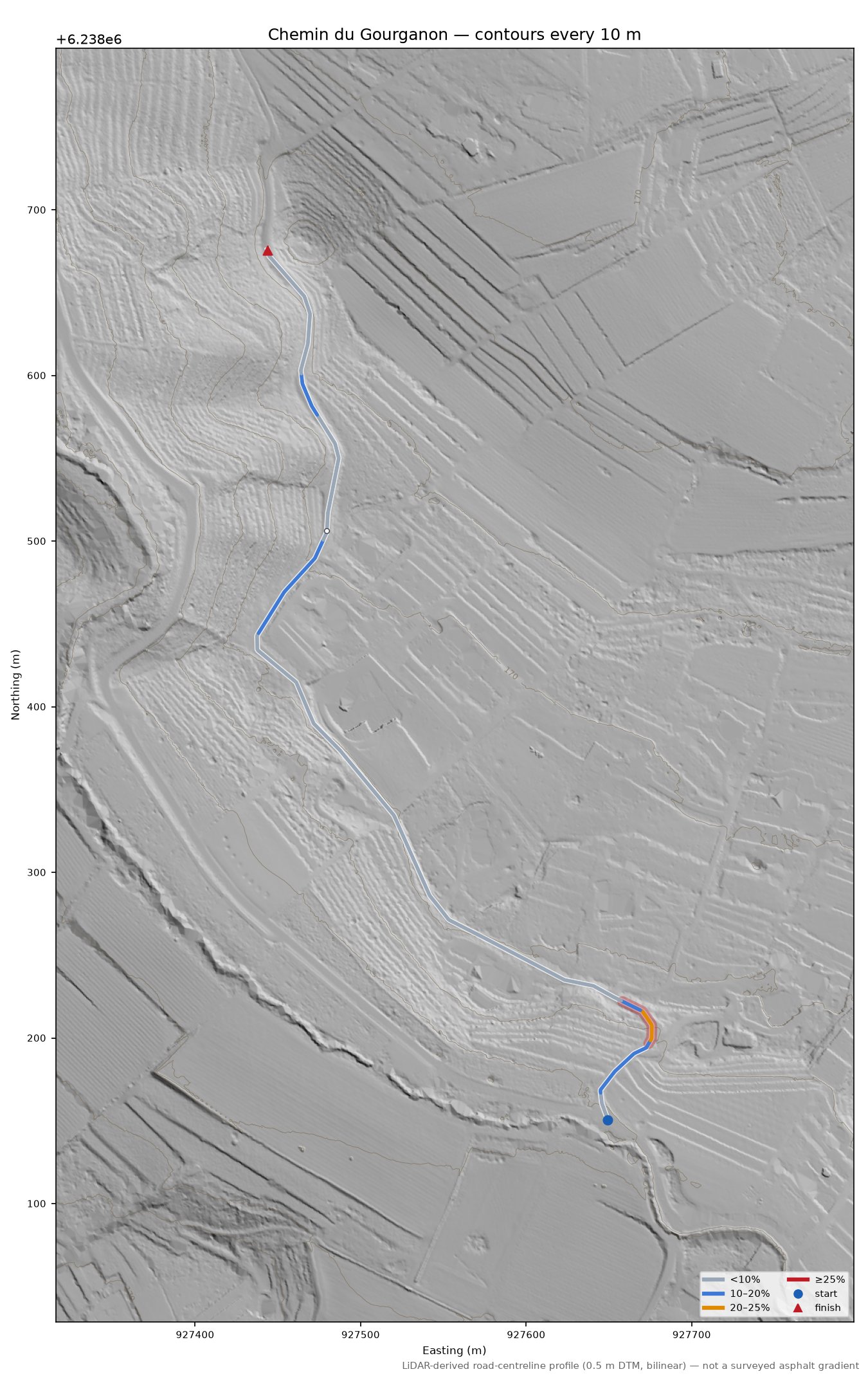 Chemin du Gourganon LiDAR hillshade map with contours