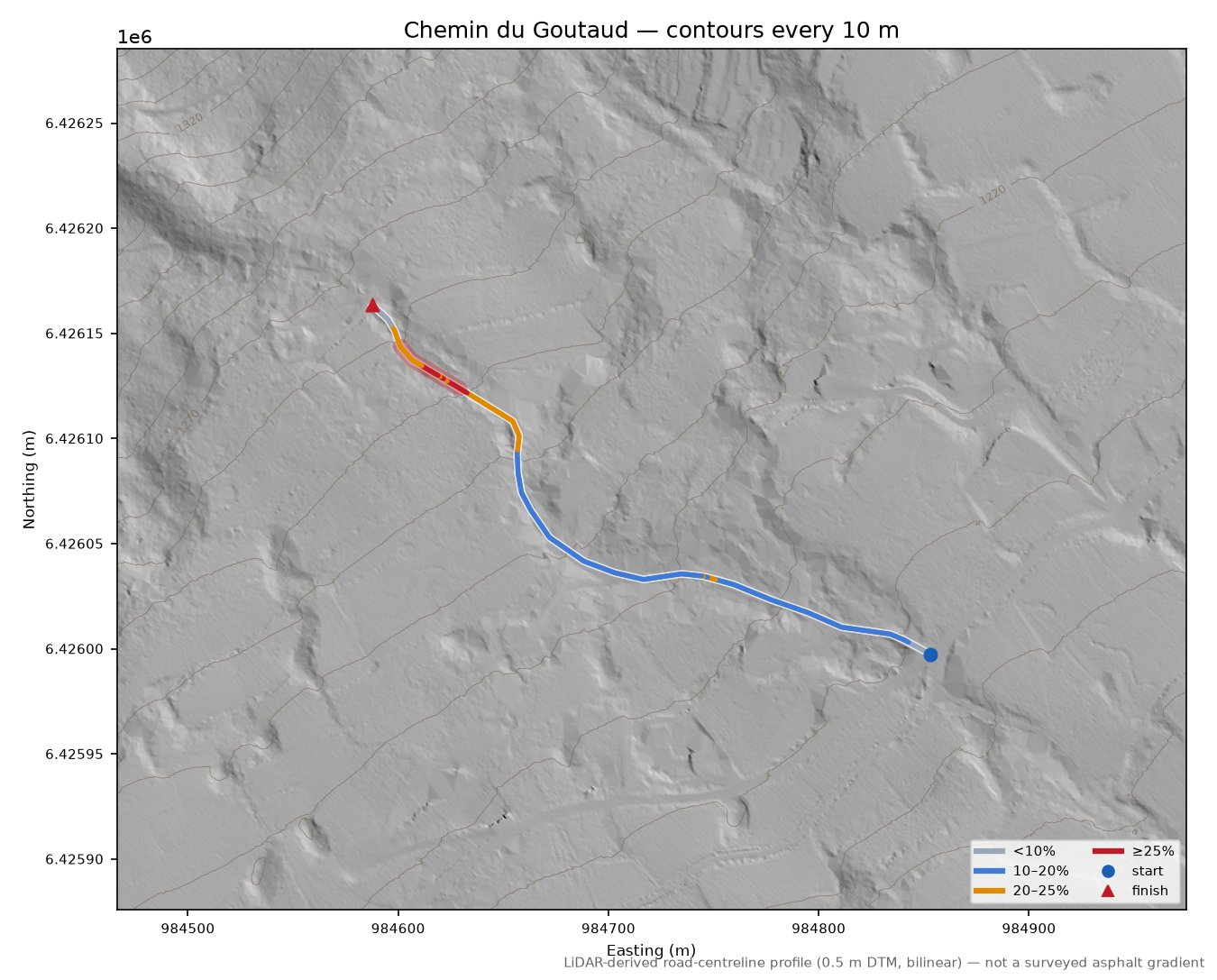 Chemin du Goutaud LiDAR hillshade map with contours