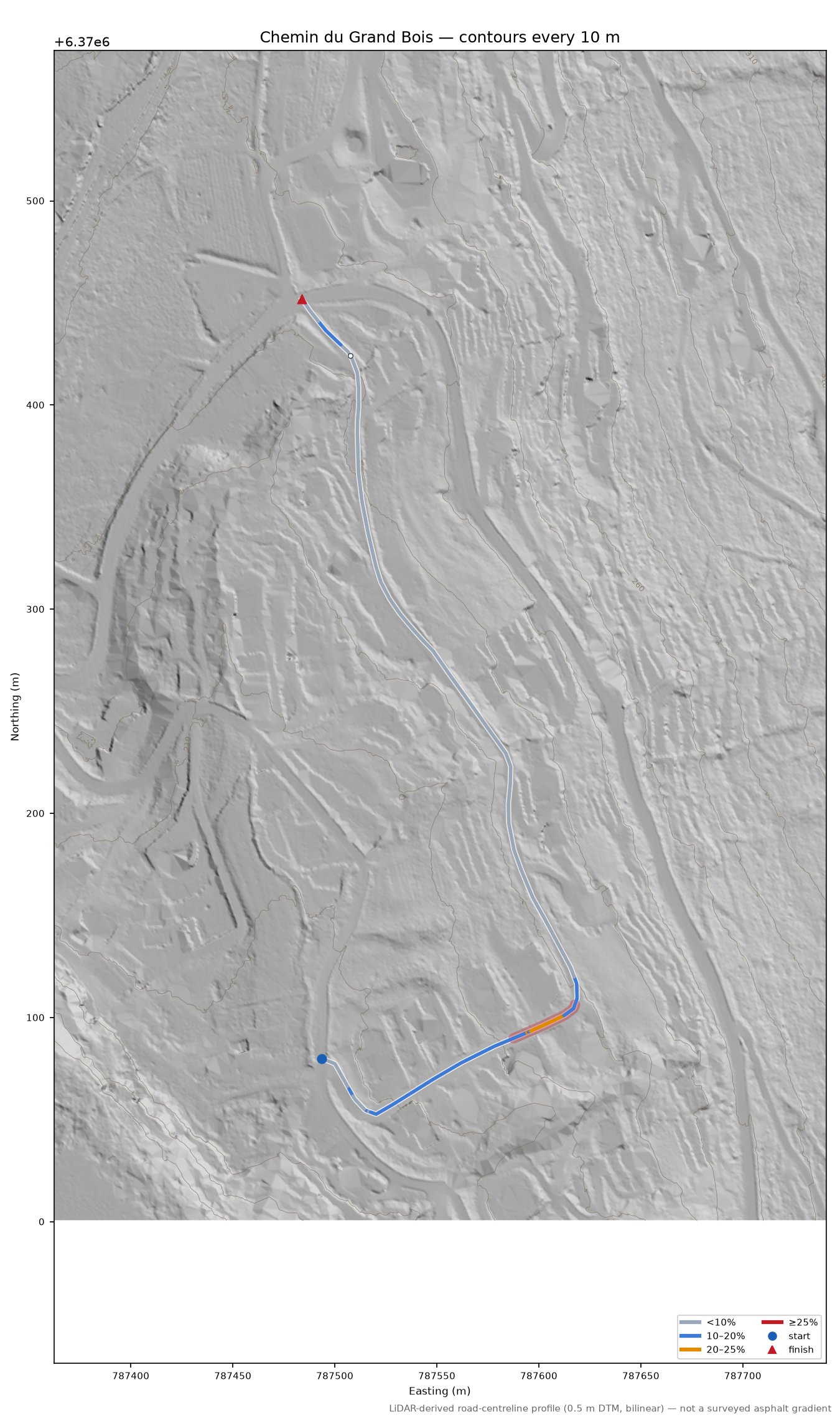 Chemin du Grand Bois LiDAR hillshade map with contours