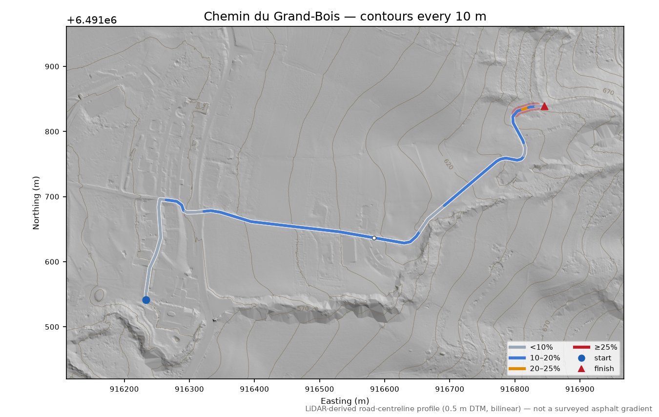 Chemin du Grand-Bois LiDAR hillshade map with contours