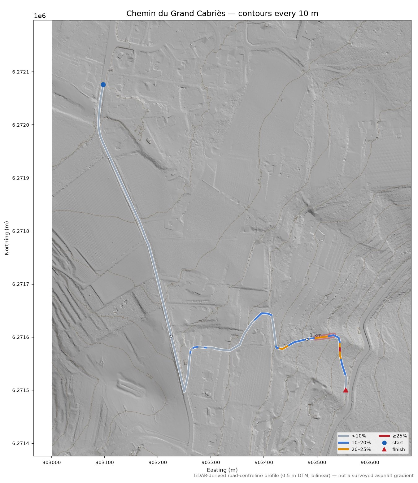 Chemin du Grand Cabriès LiDAR hillshade map with contours