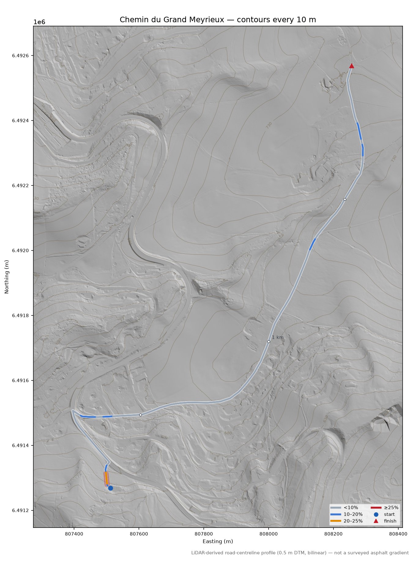 Chemin du Grand Meyrieux LiDAR hillshade map with contours