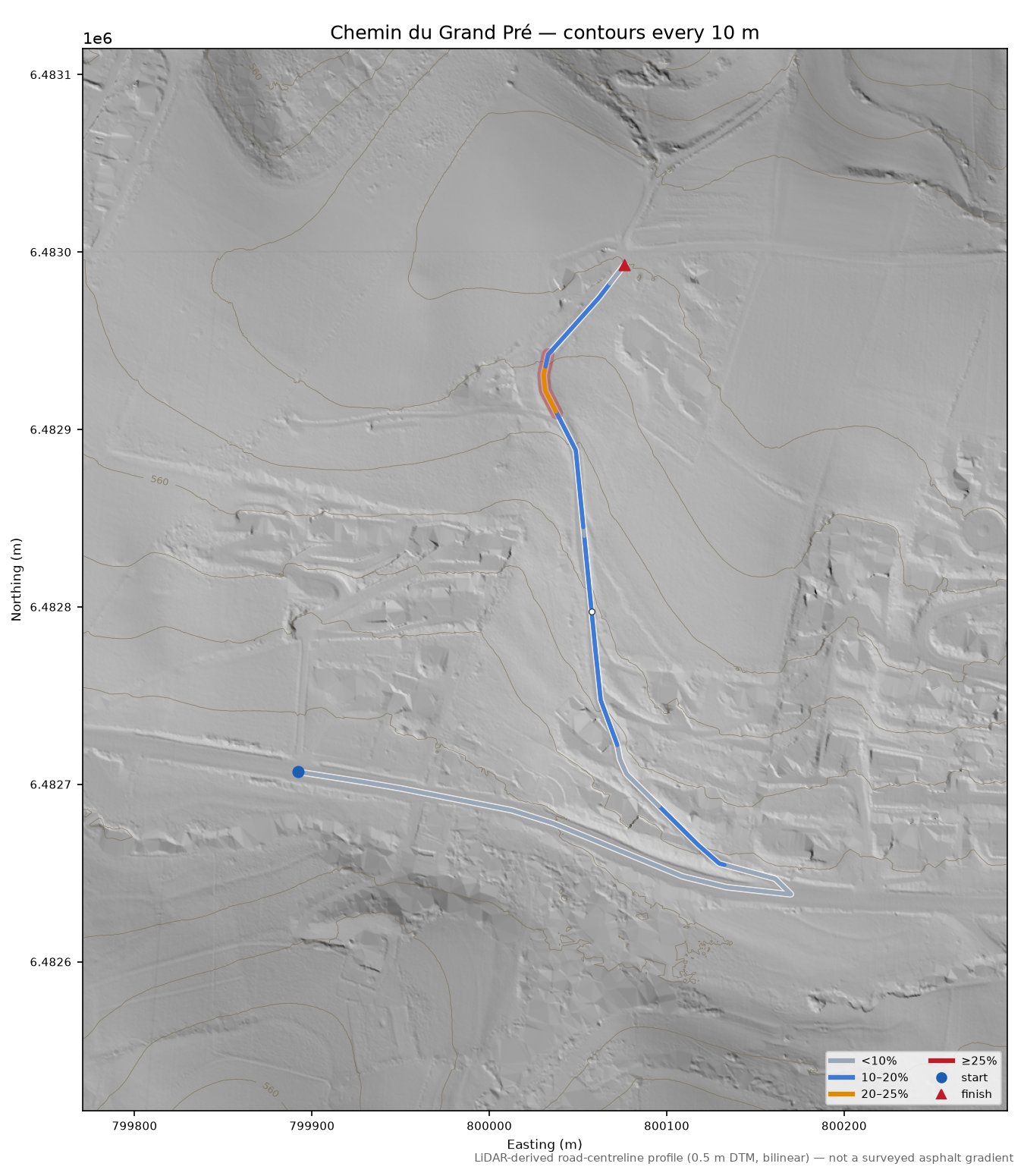 Chemin du Grand Pré LiDAR hillshade map with contours