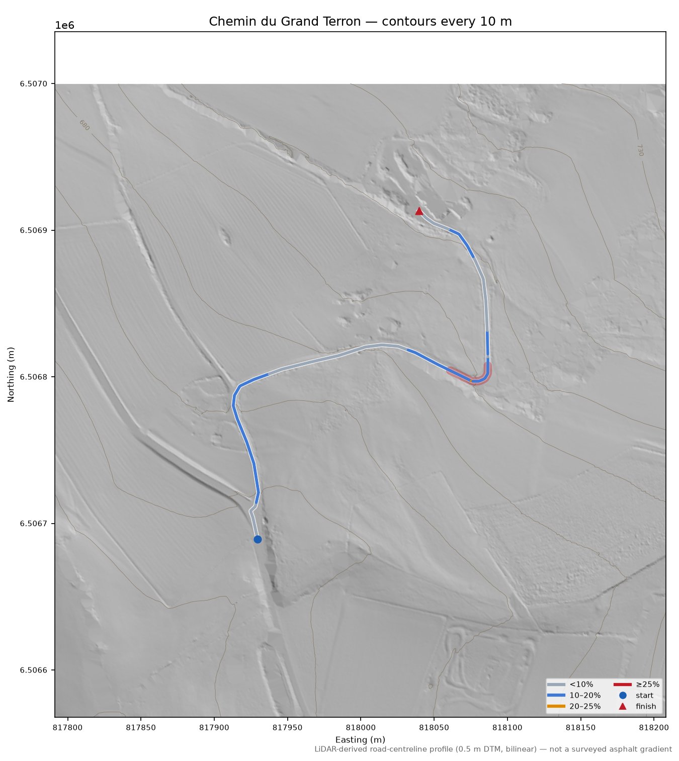 Chemin du Grand Terron LiDAR hillshade map with contours