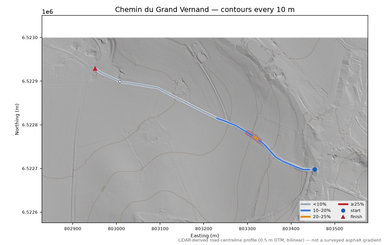 Chemin du Grand Vernand LiDAR hillshade map with contours